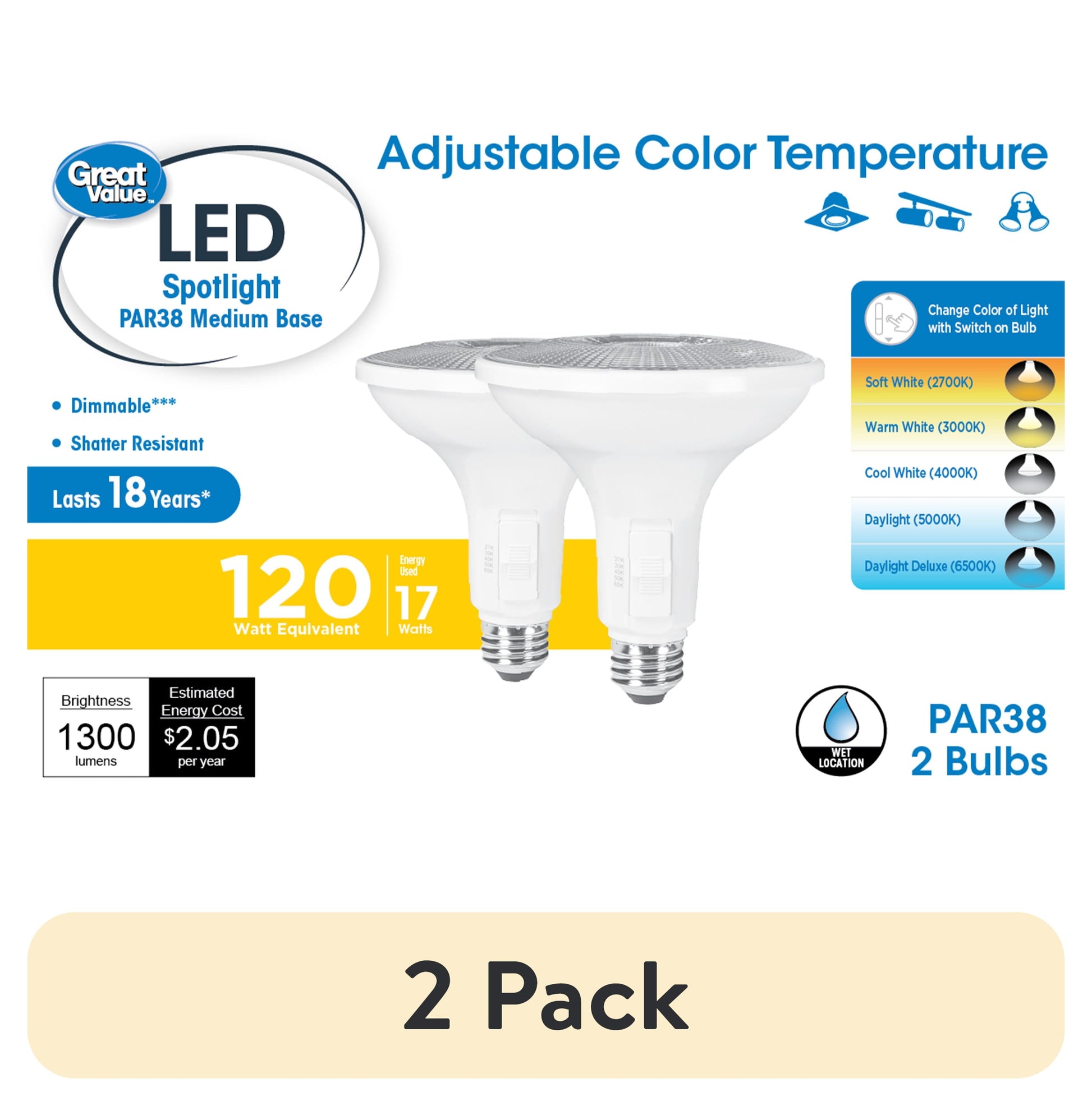 (2 pack) Great Value LED Light Bulb, 15 Watts (120W Equivalent) PAR38 Floodlight Lamp E26 Medium Base, Dimmable, CCT, 2-Pack