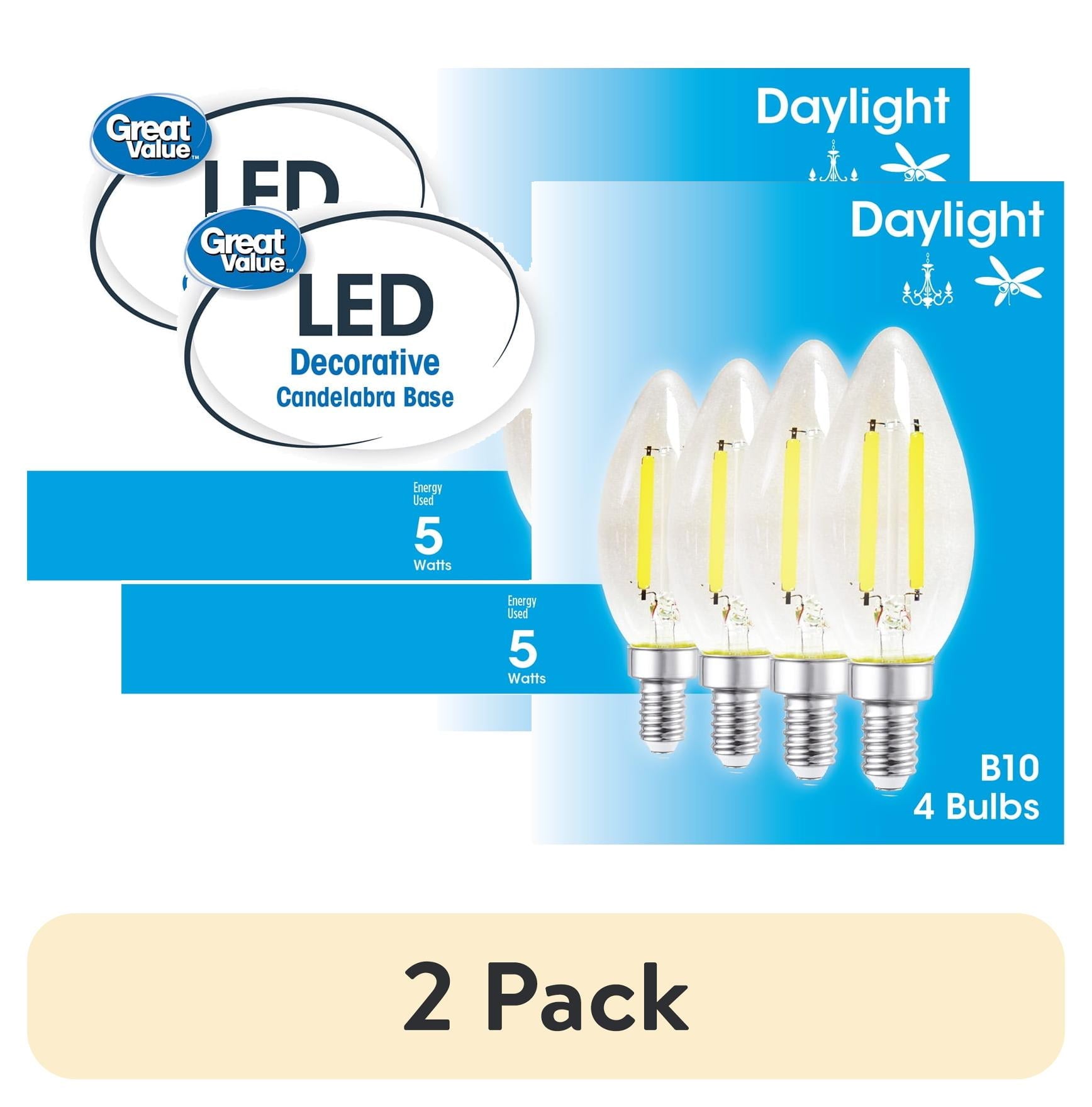 (2 pack) Great Value B10 LED 5W Daylight Decorative E12 Candelabra Base Light Bulbs, Dimmable, 4 Pack