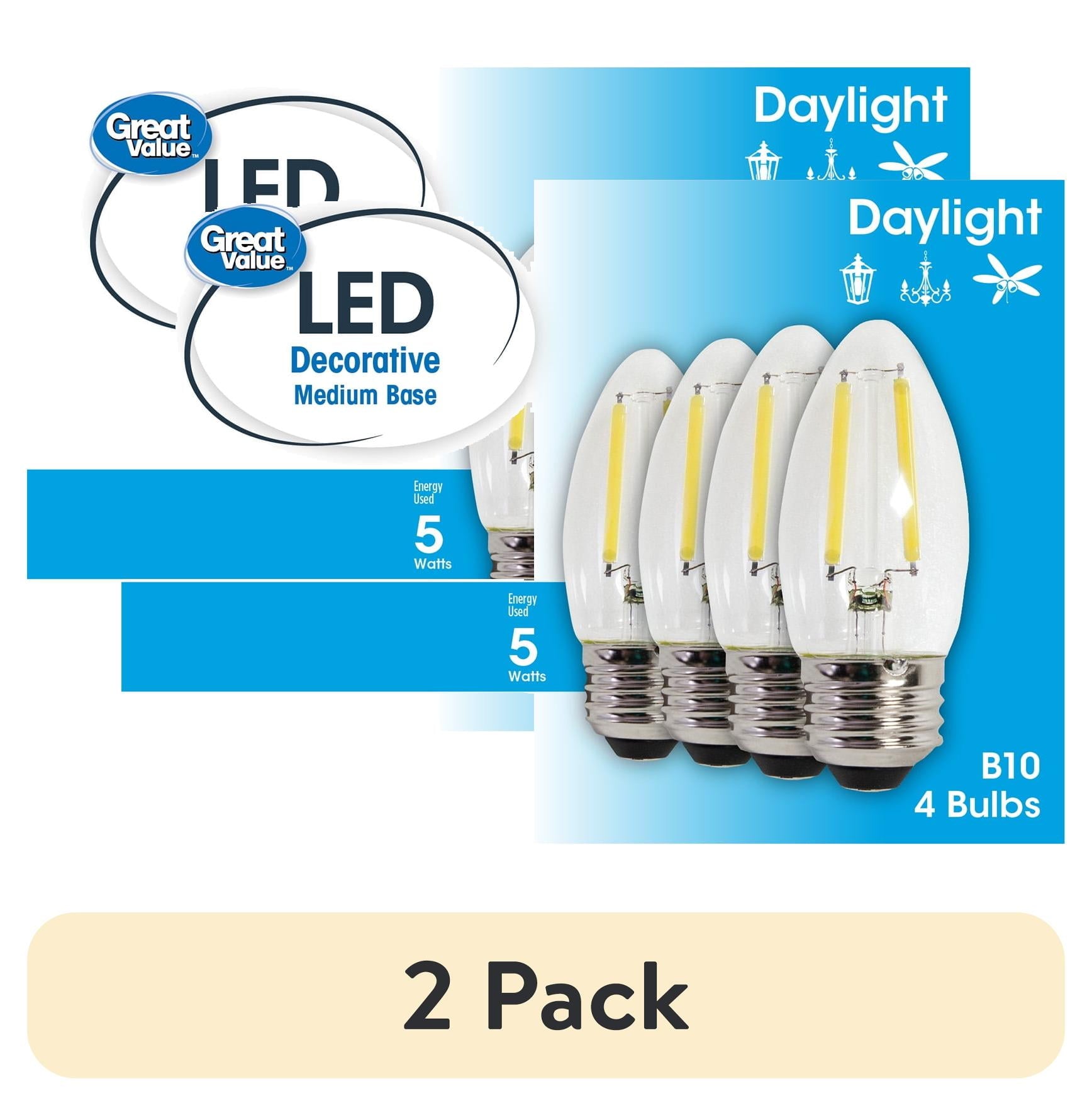 (2 pack) Great Value LED Light Bulb, 4W (60W Equivalent) B10 Deco Lamp E26 Medium Base, Dimmable, Daylight, 4-Pack