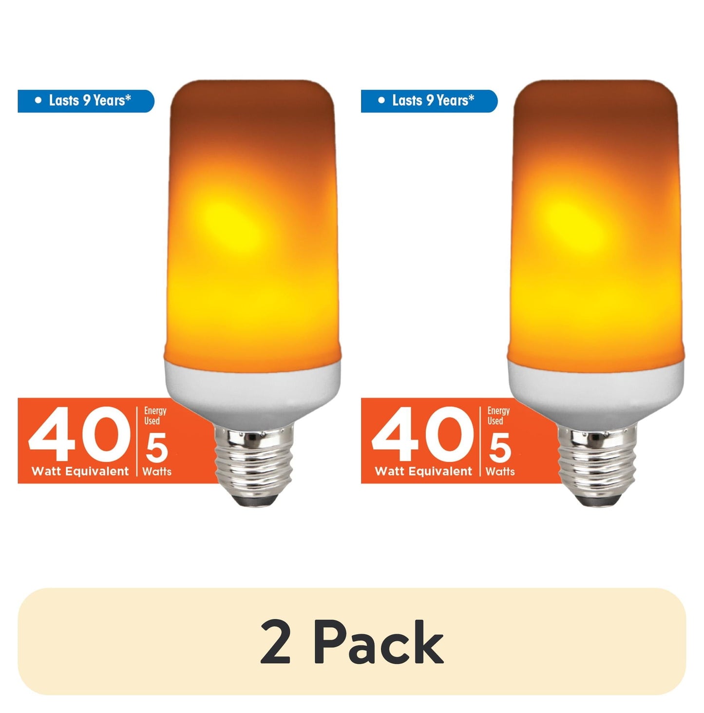 (2 pack) Great Value LED Light Bulb, 5W (40W Equivalent) T20 Decorative Flame Lamp E26 Medium Base, Non-dimmable, Flame, 1-Pack