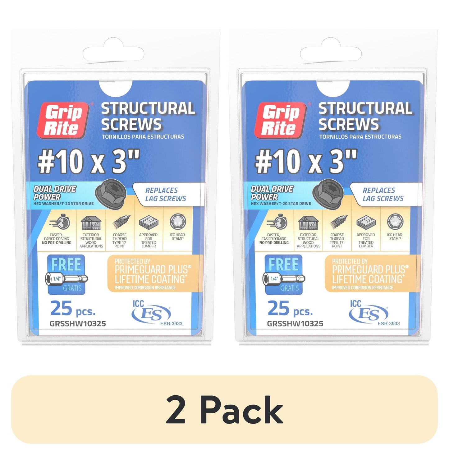 (2 pack) Grip-Rite #10 x 3 in. Structural Screw Dual Drive/Hex Washer Head 25CT