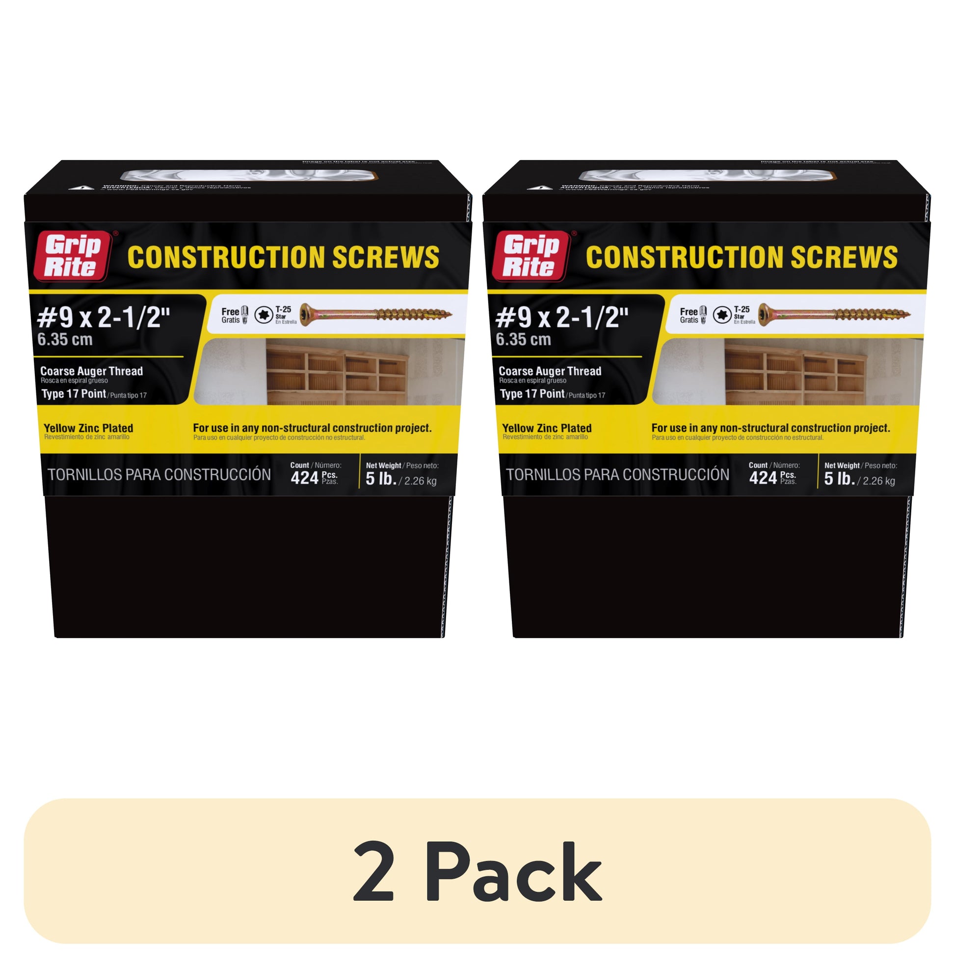 (2 pack) Grip-Rite #9 X 2-1/2 in. Star Drive Gold Construction Wood Screw 5 lb.