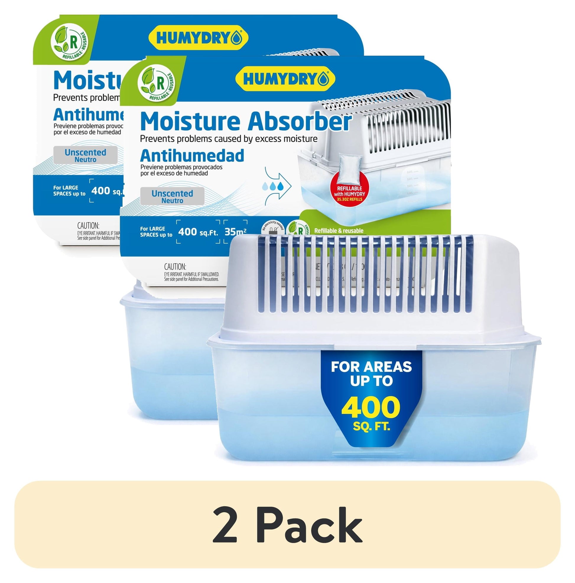 (2 pack) Humydry Moisture Absorber Dehumidifier Device, Pack of 2 Devices of 35.3 Oz With 2 Pre-Measured Refills, Fragrance Free Humidity Absorber For Basements Bedrooms And Large Enclosed Spaces