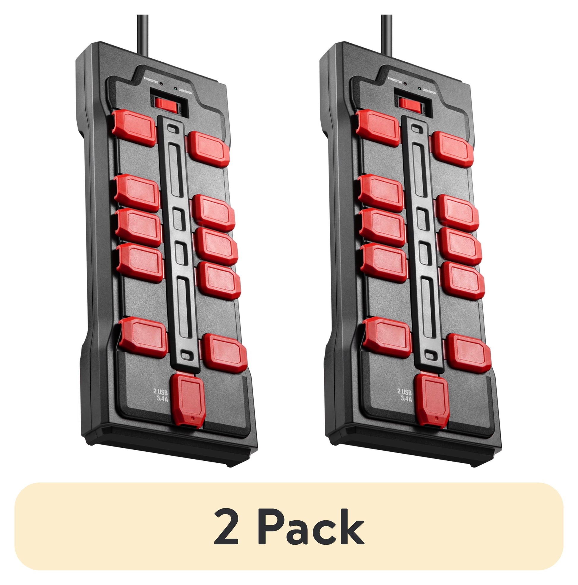 (2 pack) Hyper Tough Surge Protector Power Strip with Usb, 10 Safety Outlets, 10ft Extension Cord, Black/Red