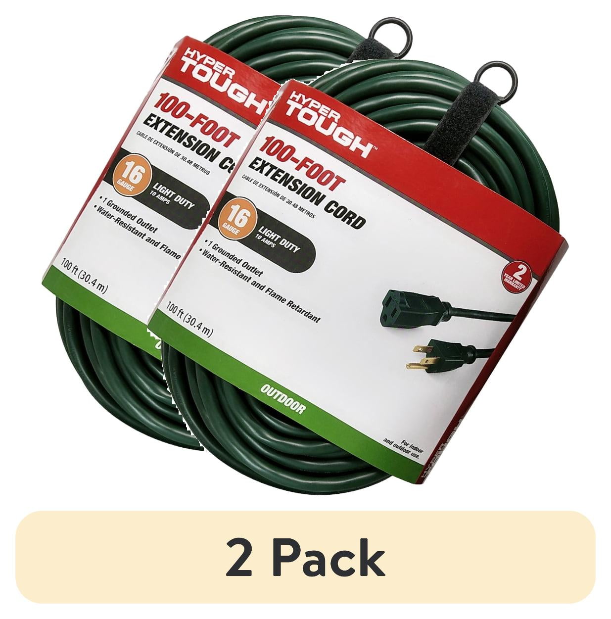 (2 pack) Hyper Tough 100FT 16AWG 3 Prong Green Outdoor Extension Cord, Single Outlet, 125V 10A