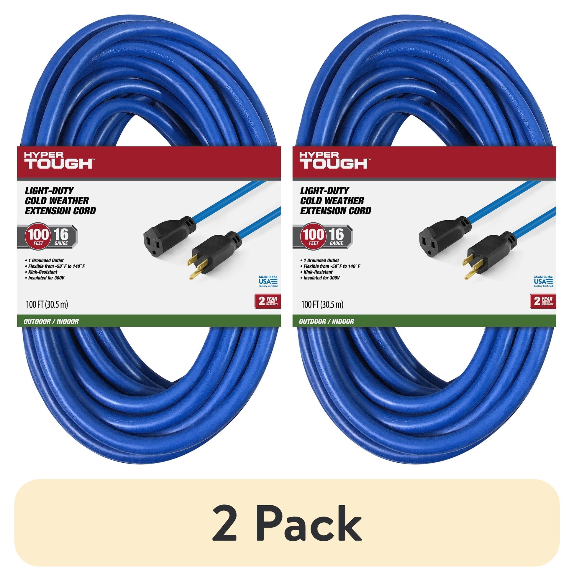 (2 pack) Hyper Tough 100FT Indoor/ Outdoor Extension Cord, 16 AWG, Single Outlet Light-Duty Cold Weather Extension Cord, Blue