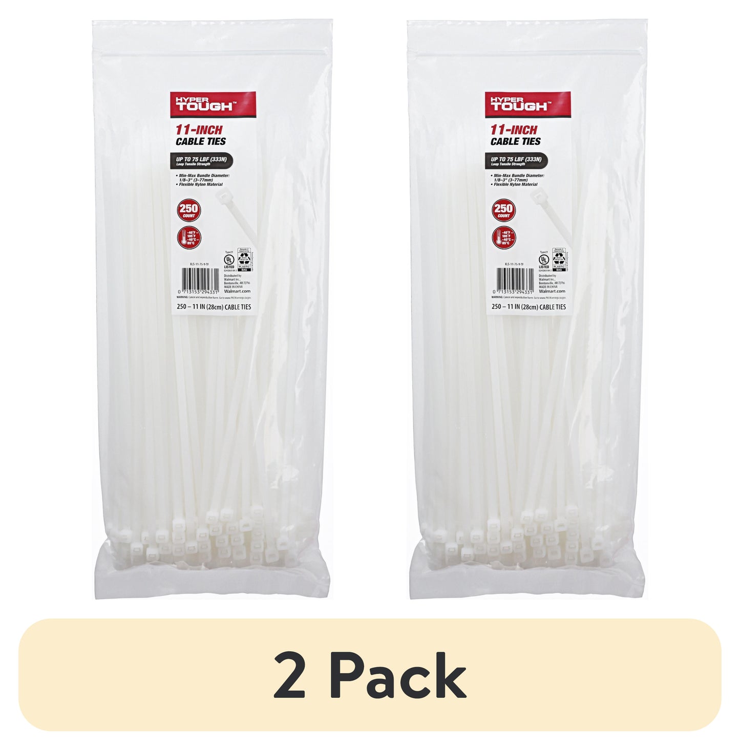 (2 pack) Hyper Tough 11inch Cable Tie Natural 250Pcs