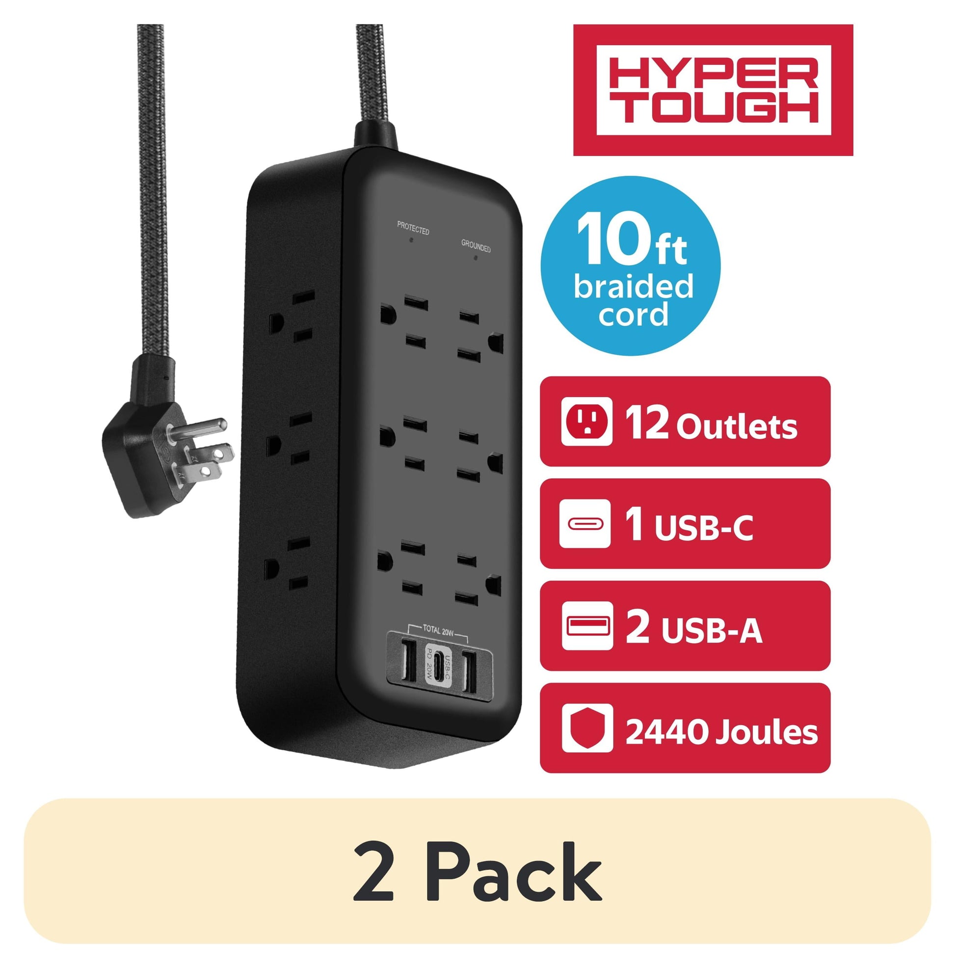 (2 pack) Hyper Tough USB Power Strip Surge Protector with 12 Outlets, Fast Charger USB Ports, 10ft Extension Cord, Black