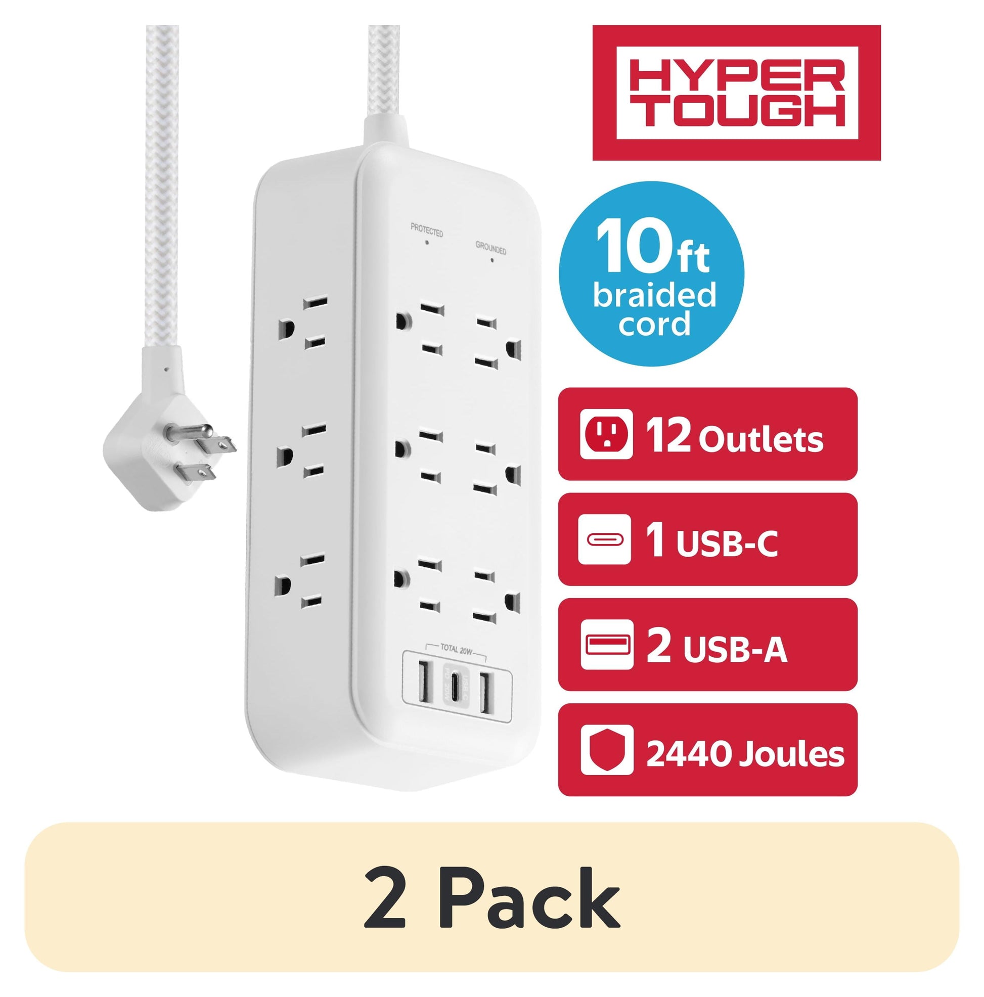 (2 pack) Hyper Tough USB Power Strip Surge Protector, 12 Outlet, USB Fast Charger, 10ft Extension Cord, White