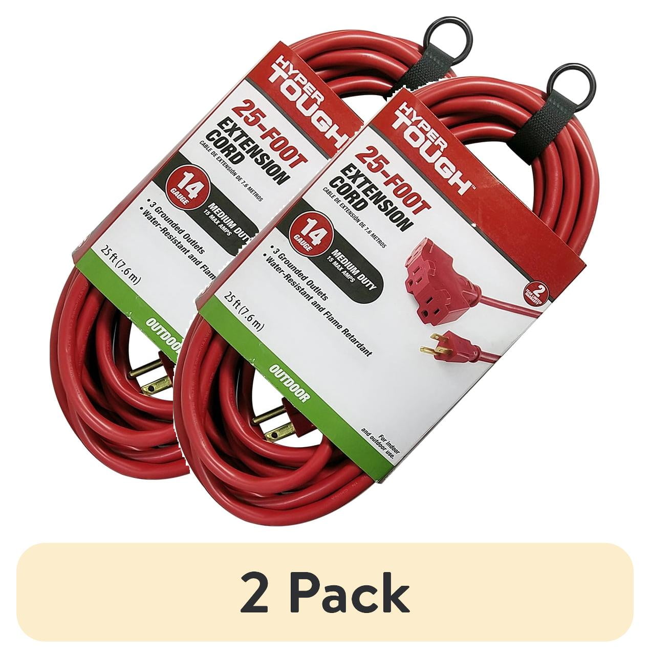 (2 pack) Hyper Tough 25FT 14AWG 3-Prong Red Outdoor Extension Cord with Triple Outlet, 15 Amps
