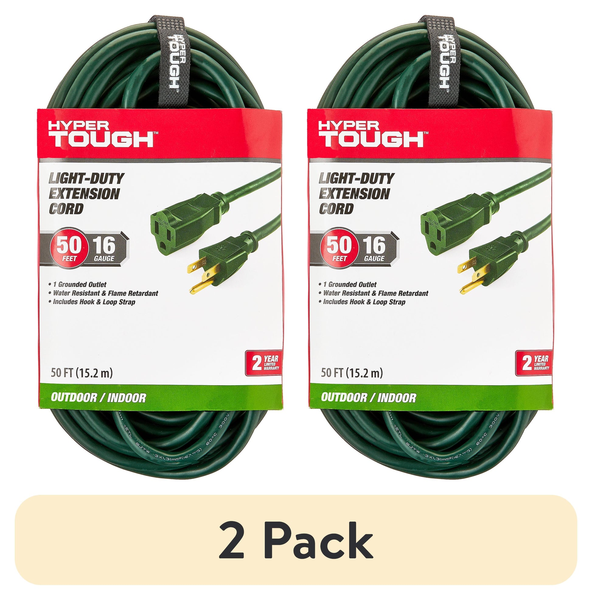 (2 pack) Hyper Tough 50 Ft 16AWG 3-Prong Green Single Outlet Outdoor Extension Cord, 13 Amps