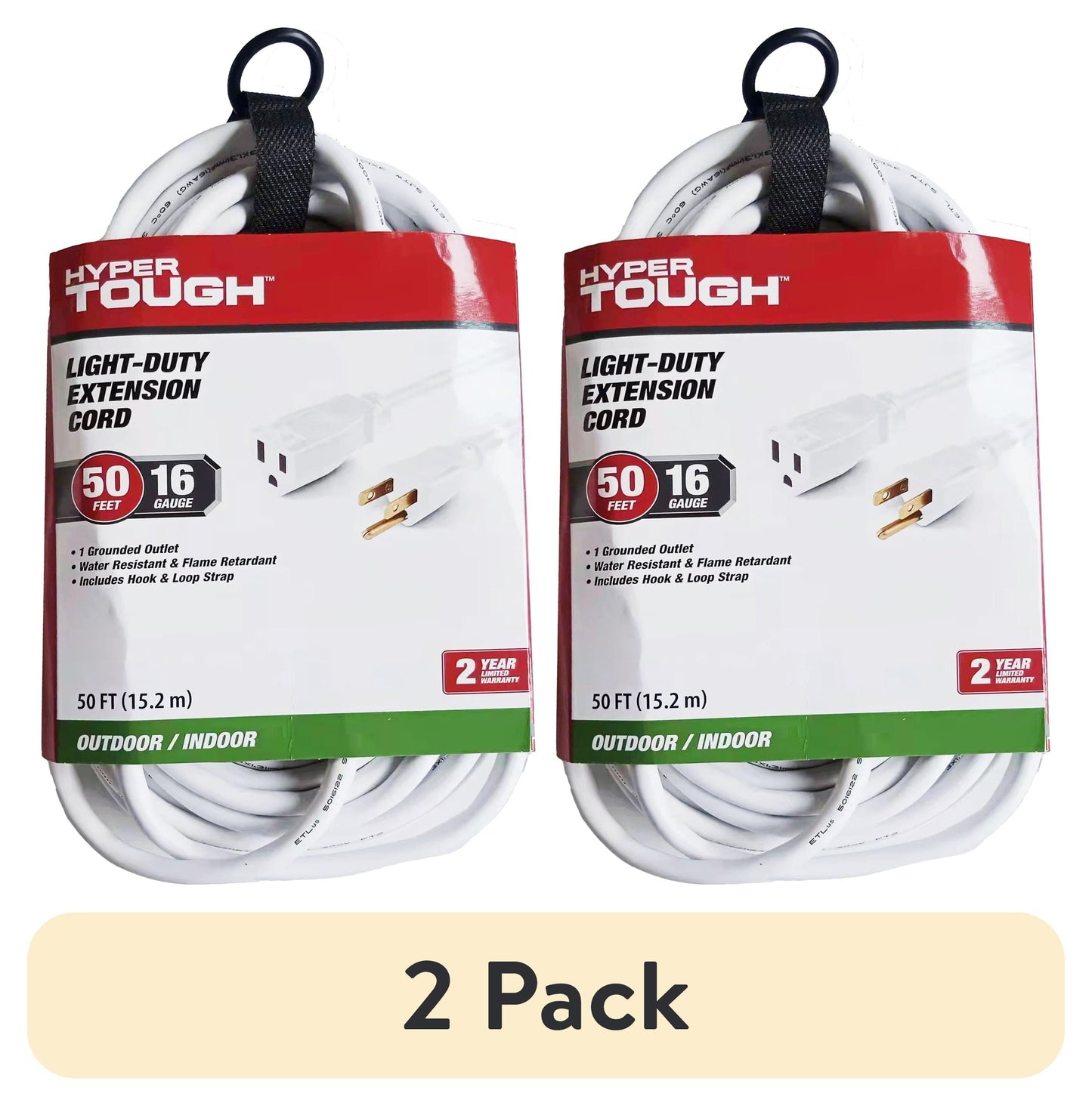 (2 pack) Hyper Tough Cable de ExtensiÃ³n para Exteriores de 50FT 16AWG con 3 Clavijas, Blanco, un Solo Tomacorriente, 125V, 13A