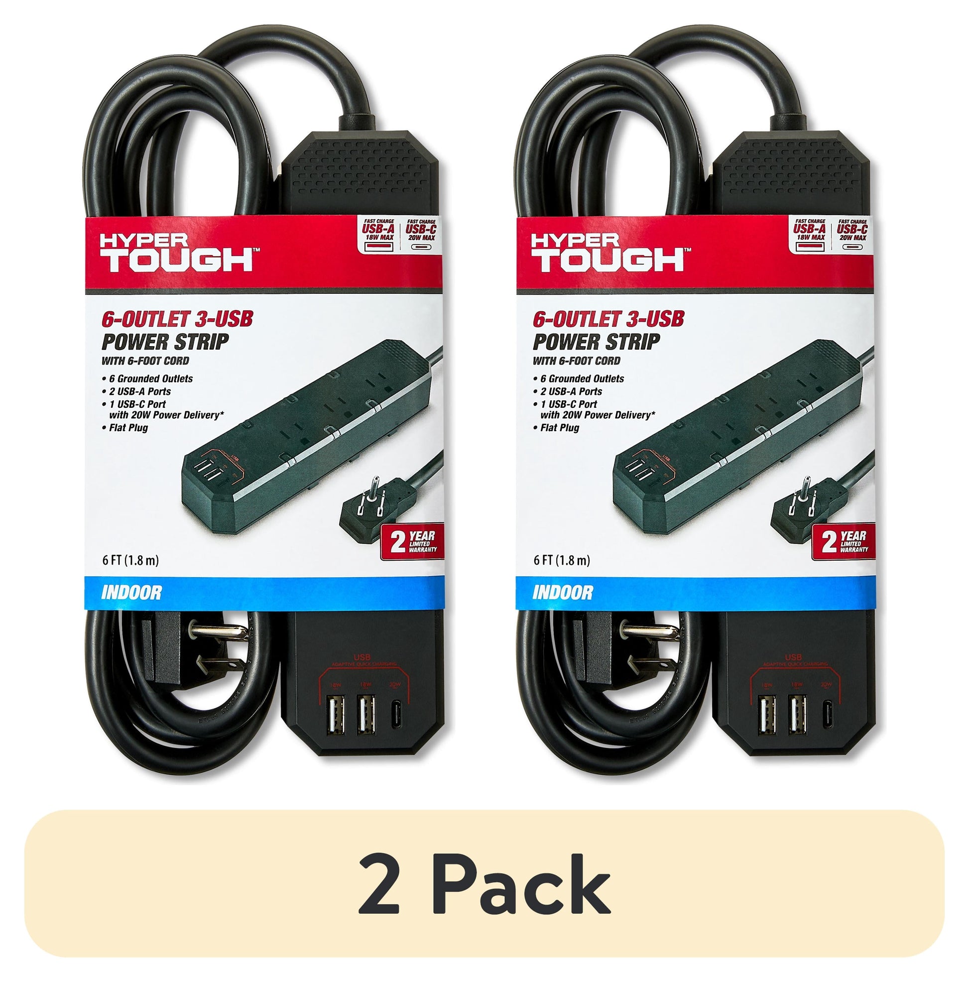 (2 pack) Hyper Tough 6-Outlet 3-USB Indoor Power Strip, Black, 6' Cord, 15 amps