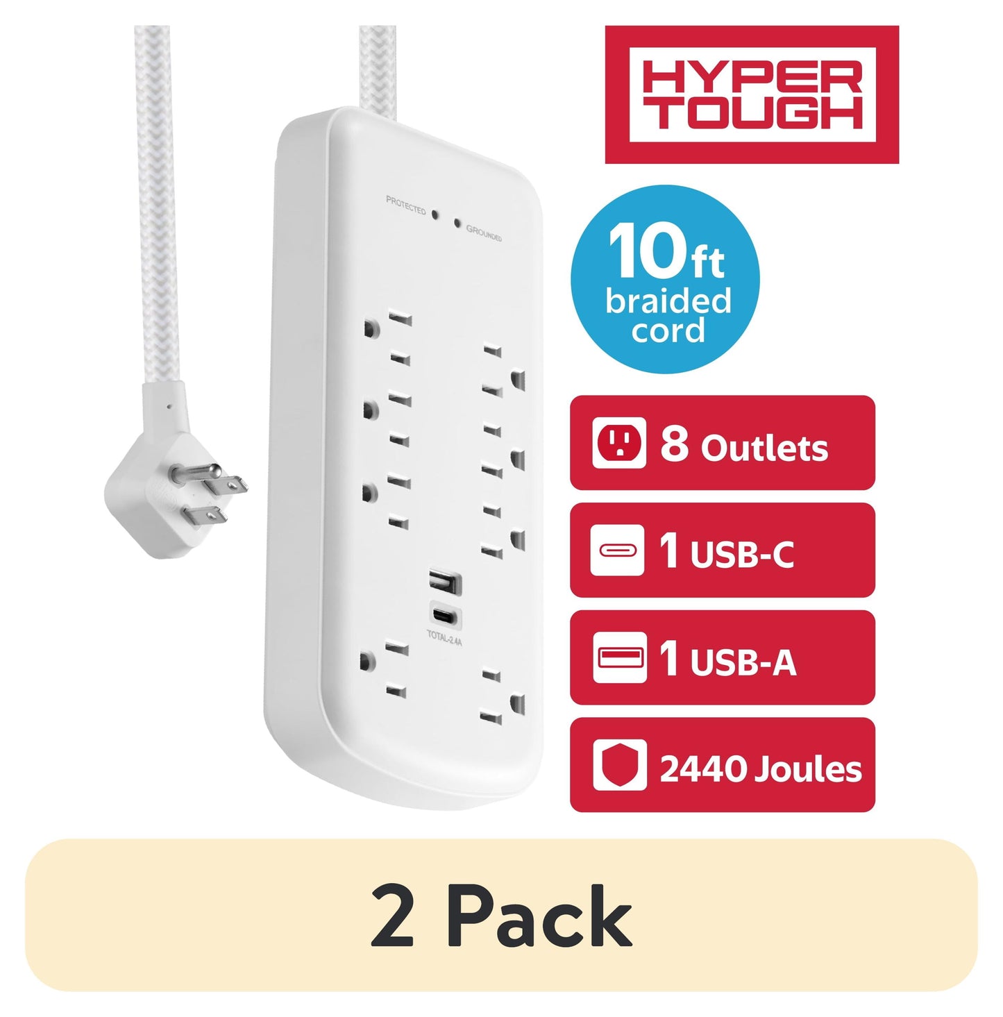 (2 pack) Hyper Tough Surge Protector Power Strip with USB-A, USB-C, 8 Outlets, 10ft Extension Cord, White