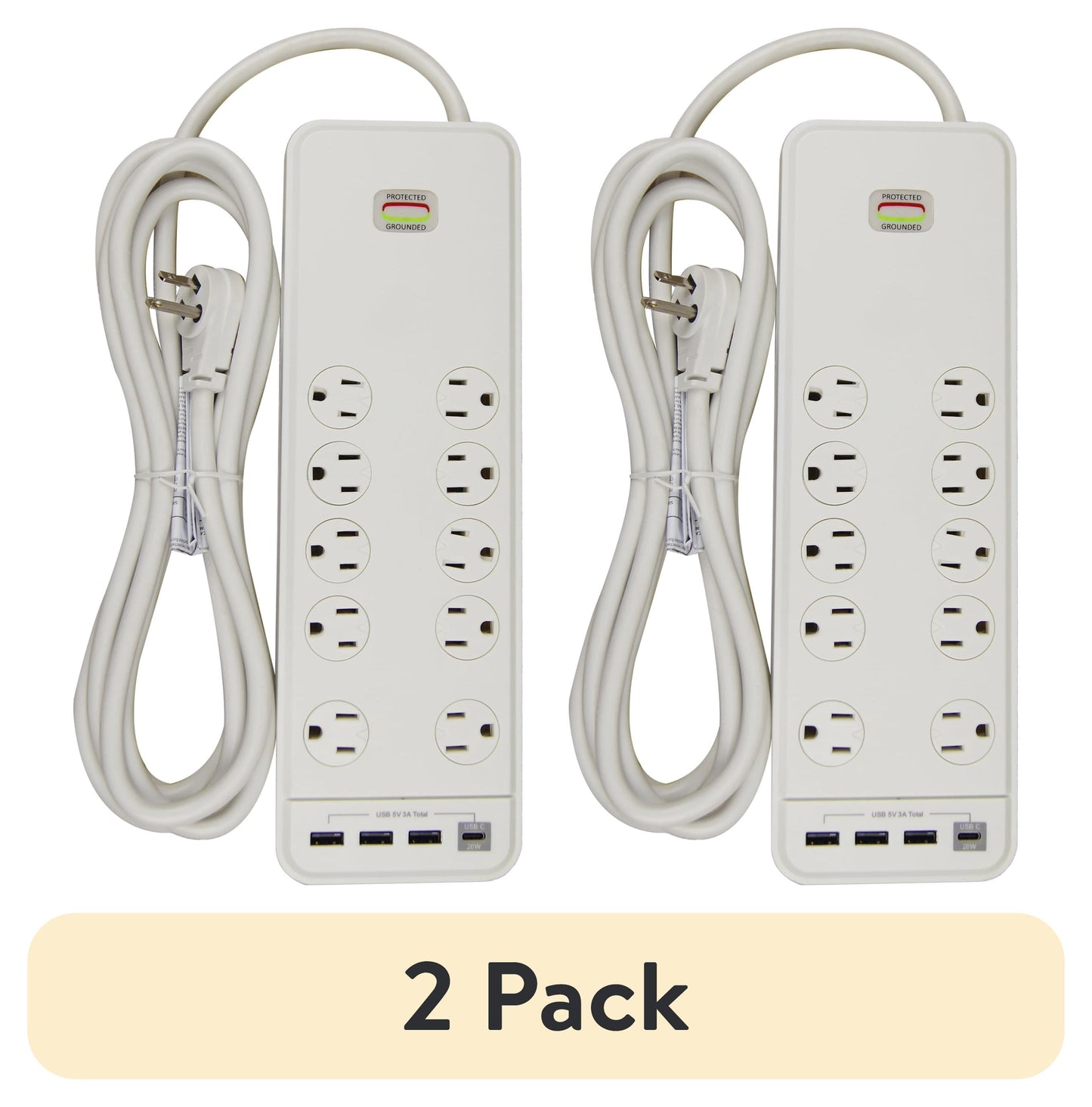(2 pack) Hyper Tough Indoor 10-Outlet 10ft Surge Protector 2480-Joule Protection with 4 USB Ports, White