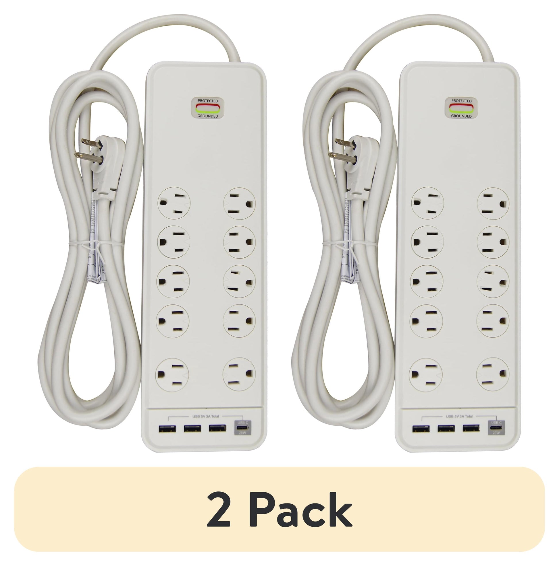 (2 pack) Hyper Tough Indoor 10-Outlet 10ft Surge Protector 2480-Joule Protection with 4 USB Ports, White
