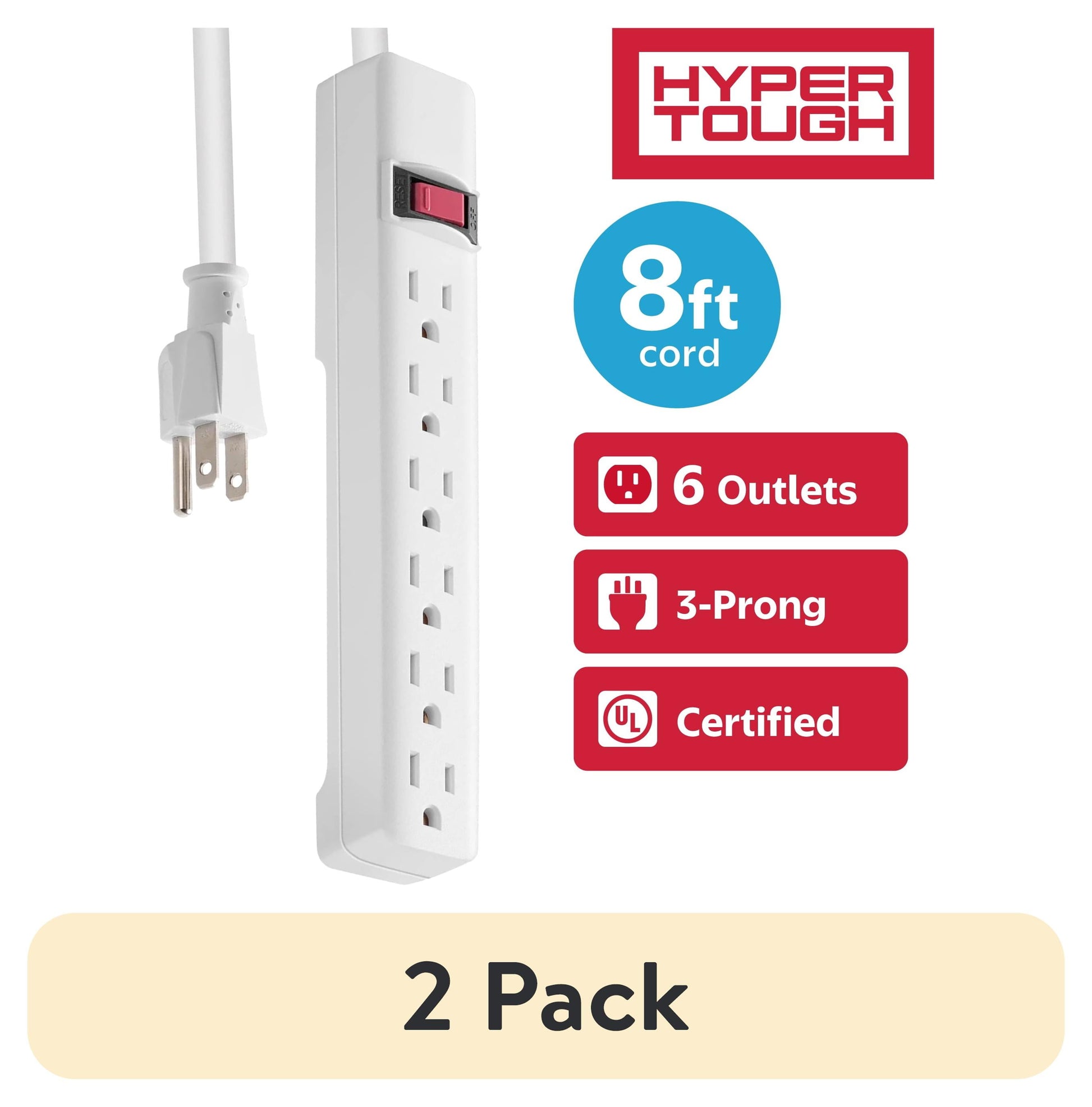 (2 pack) Hyper Tough 6-Outlet Indoor Power Strip with 8 ft Extension Cord, ETL Certified, White