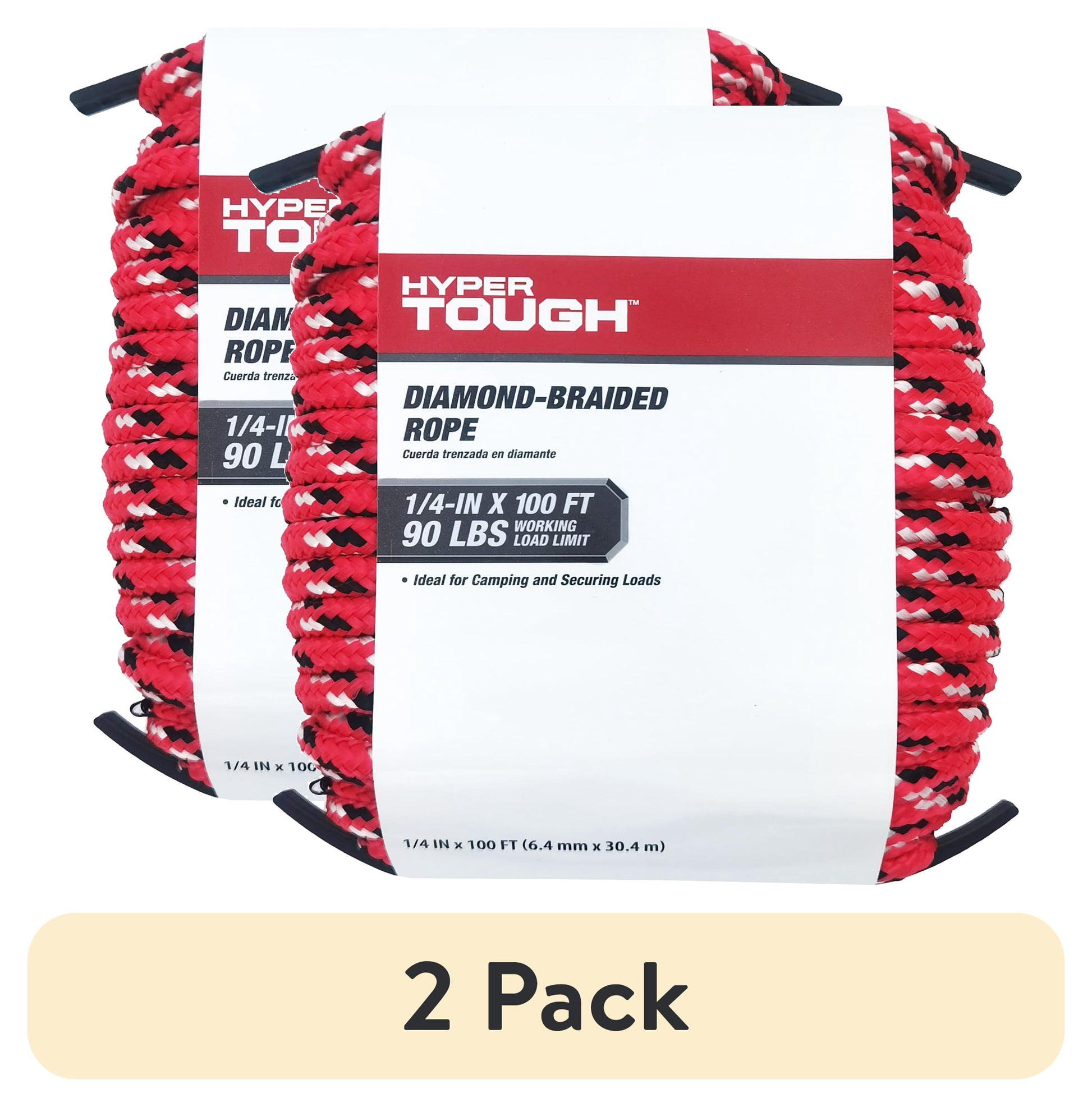 (2 pack) Hyper Tough Polypropylene, Diamond Braided Rope, Red, 1/4 inch x 100 feet