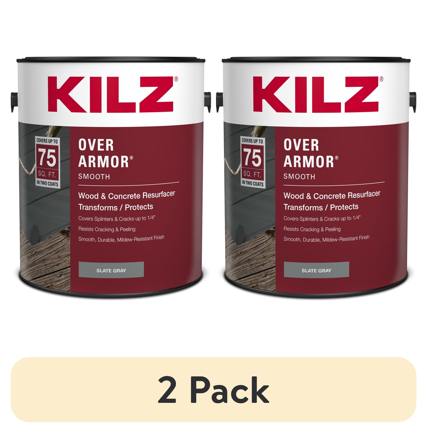 (2 pack) KILZ Over Armor Wood & Concrete Solid Coating Resurfacer, Exterior, Smooth, Slate Gray, 1 Gallon