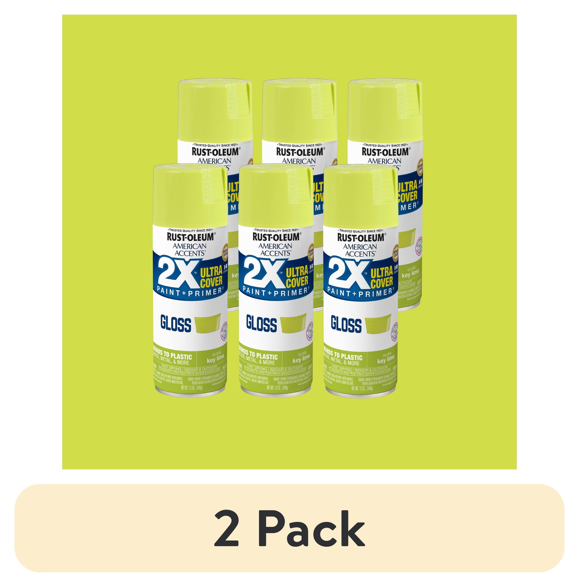 (2 pack) 6 Pack, Key Lime Rust-Oleum American Accents 2X Ultra Cover Gloss Spray Paint-327871, 12 oz