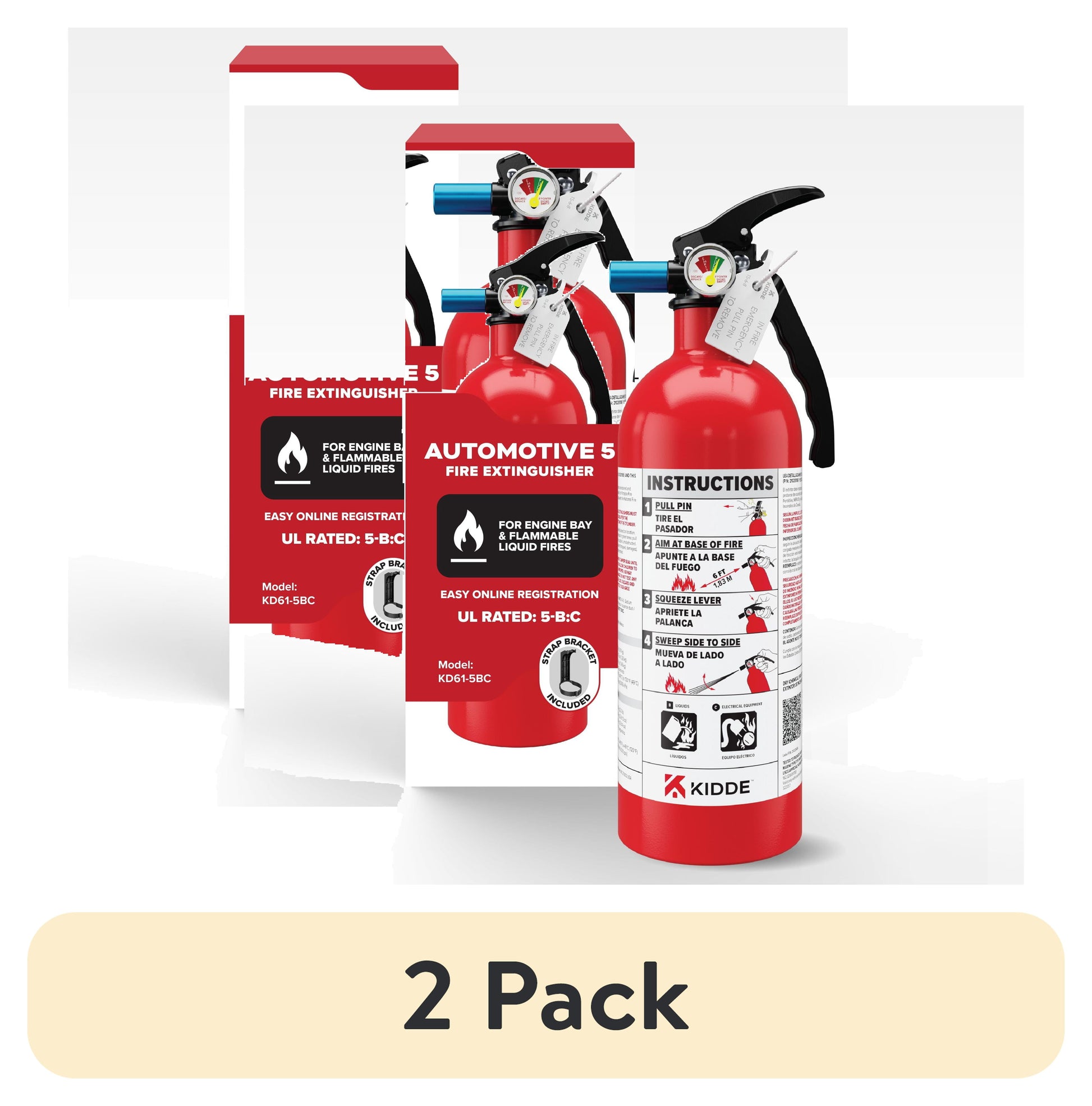 (2 pack) Kidde Fire Extinguisher for Vehicles, Single-Use, Dry Chemical, 5BC, Strap Bracket Included