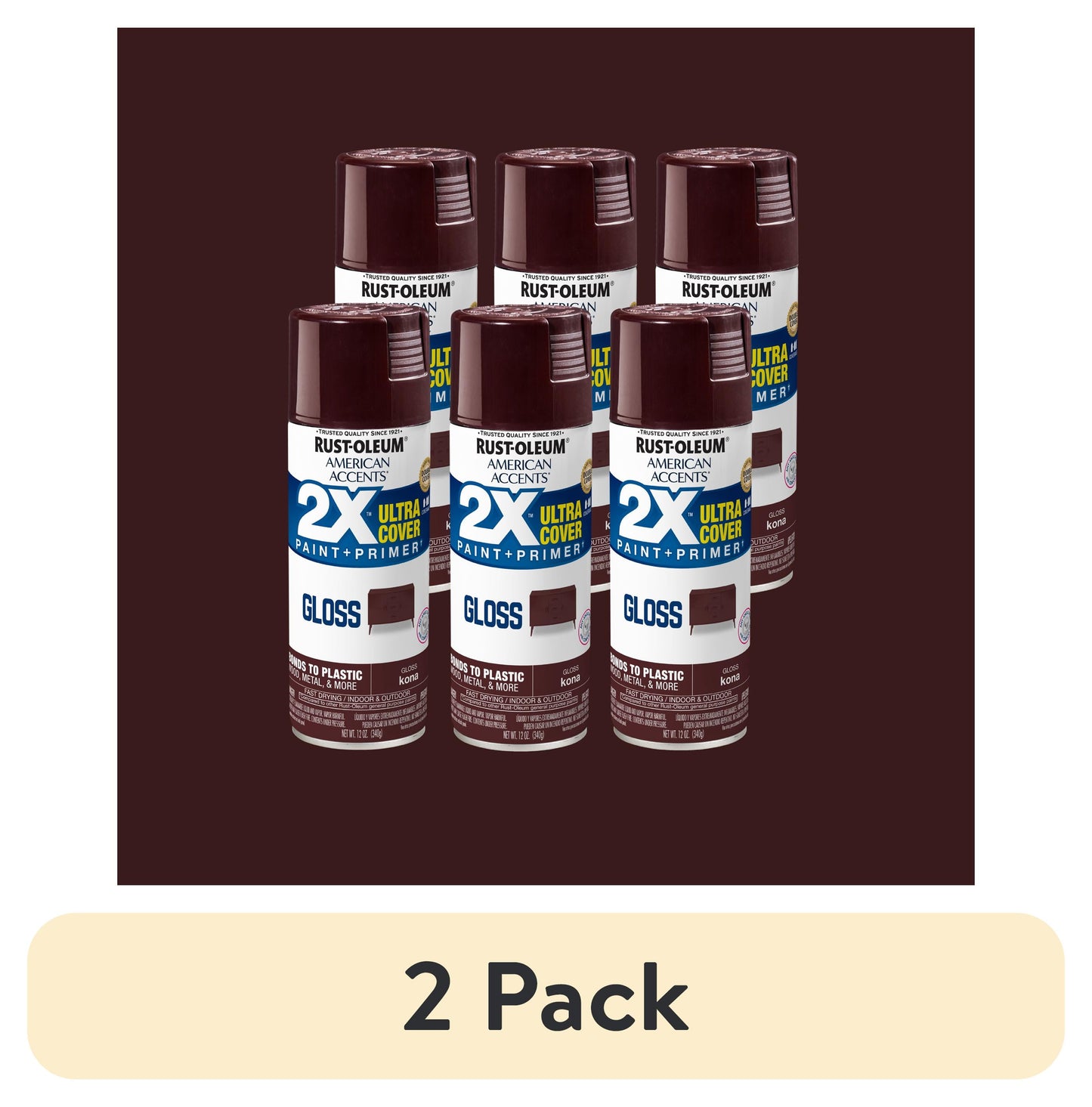(2 pack) 6 Pack, Kona Rust-Oleum American Accents 2X Ultra Cover Gloss Spray Paint-327872, 12 oz