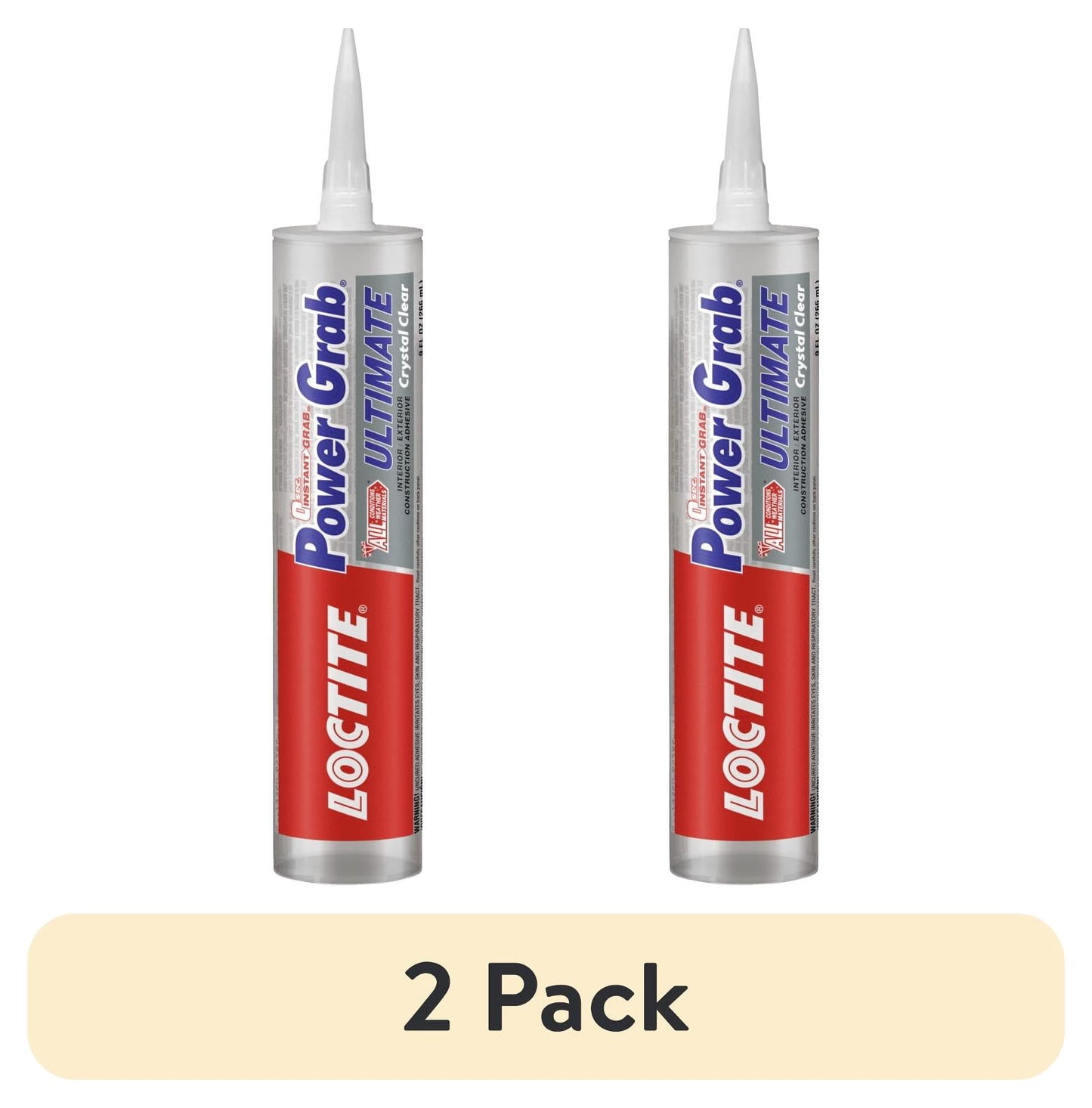 (2 pack) Loctite Power Grab Construction Adhesive Ultimate Crystal Clear, Pack of 1, Clear 9 fl oz Cartridge