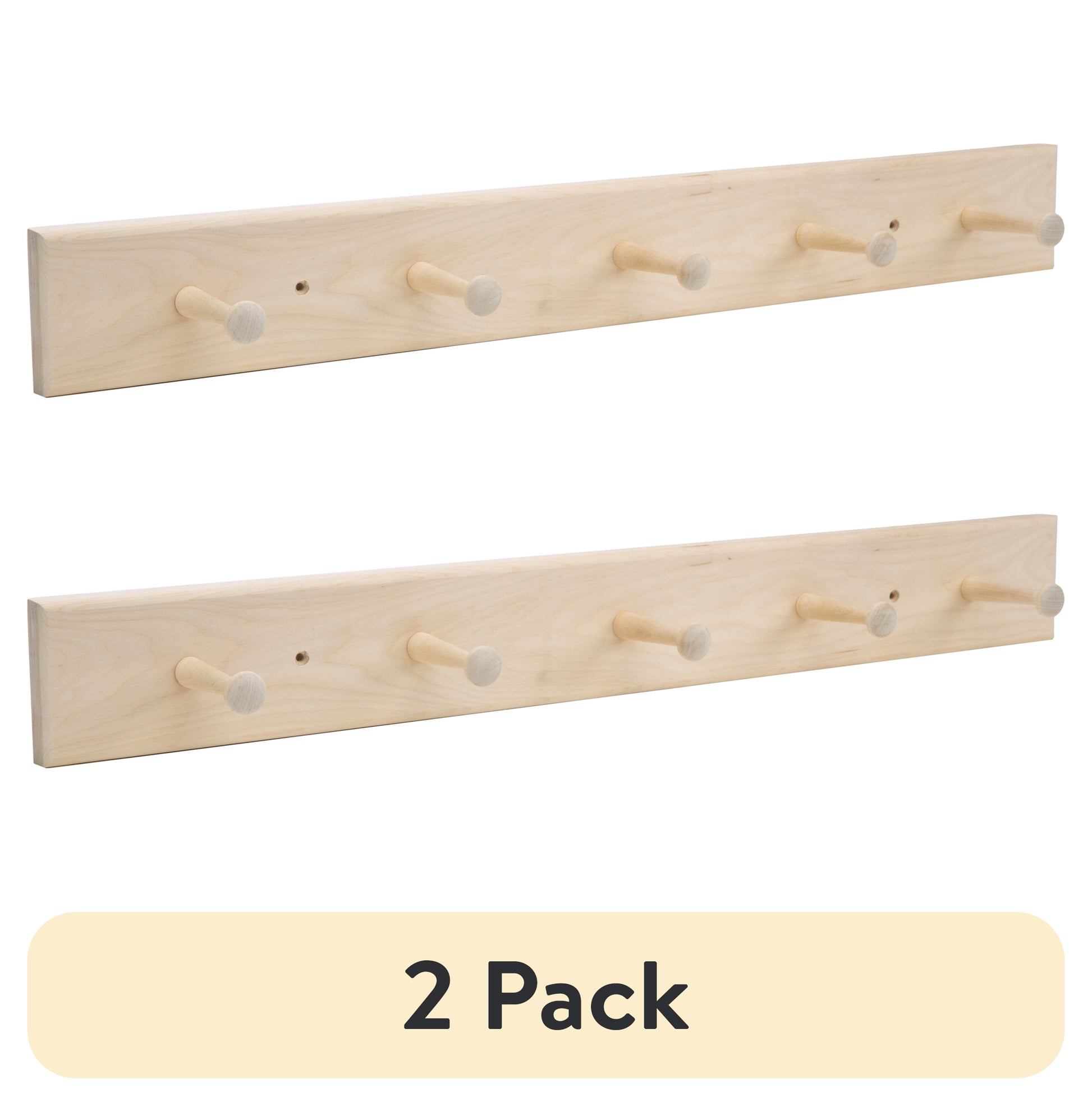 (2 pack) Mainstays 27 in. Wall Mounted Unfinished Acacia Wood Hook Rack, 5 Pegs