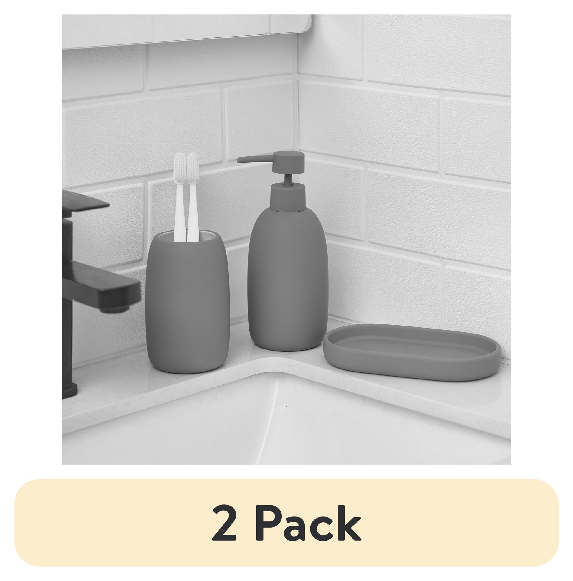 (2 pack) Mainstays Ceramic Stoneware Bath Accessories 3-Piece Set, Grey â€“ Soap Pump Dispenser, Tumbler, and Accessory Tray