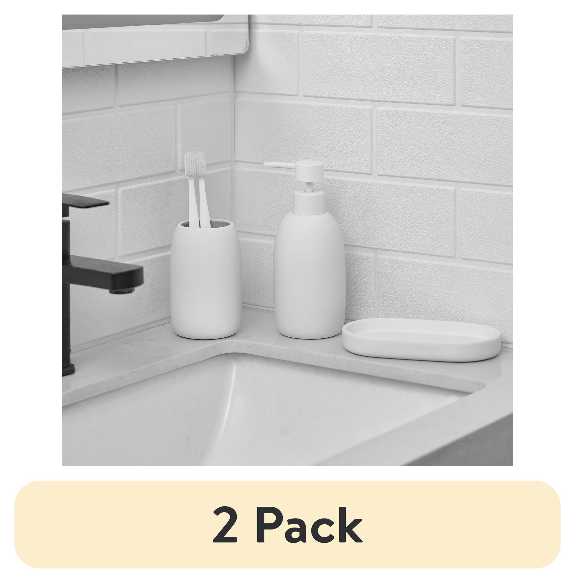 (2 pack) Mainstays Ceramic Stoneware Bath Accessories 3-Piece Set, White â€“ Soap Pump Dispenser, Tumbler, and Accessory Tray