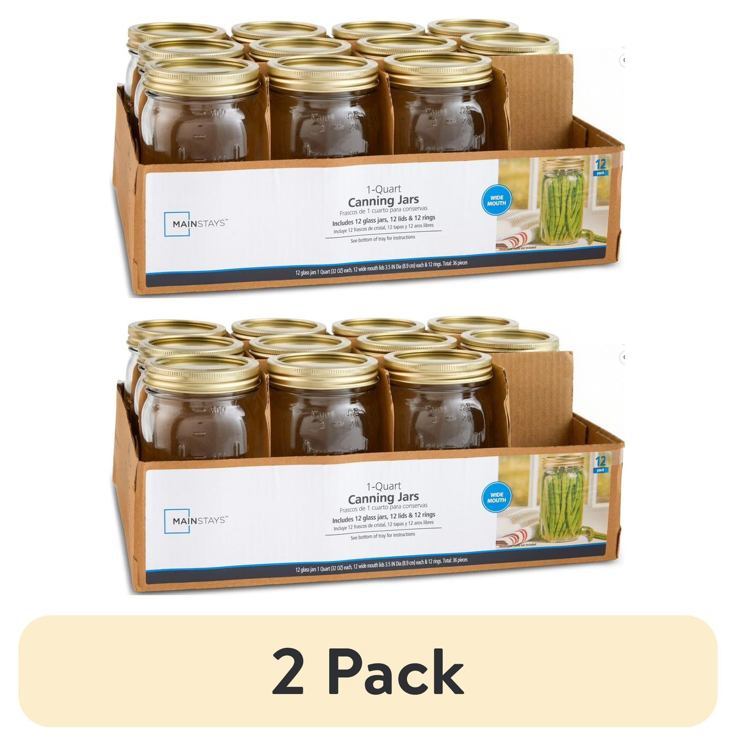Mainstays Frascos Mason de 32 oz, Frascos de Boca Ancha de un Cuarto con Tapas y Anillos, Paquete de 12 Frascos Grandes de Vidrio para Enlatado y FermentaciÃ³n en el Hogar