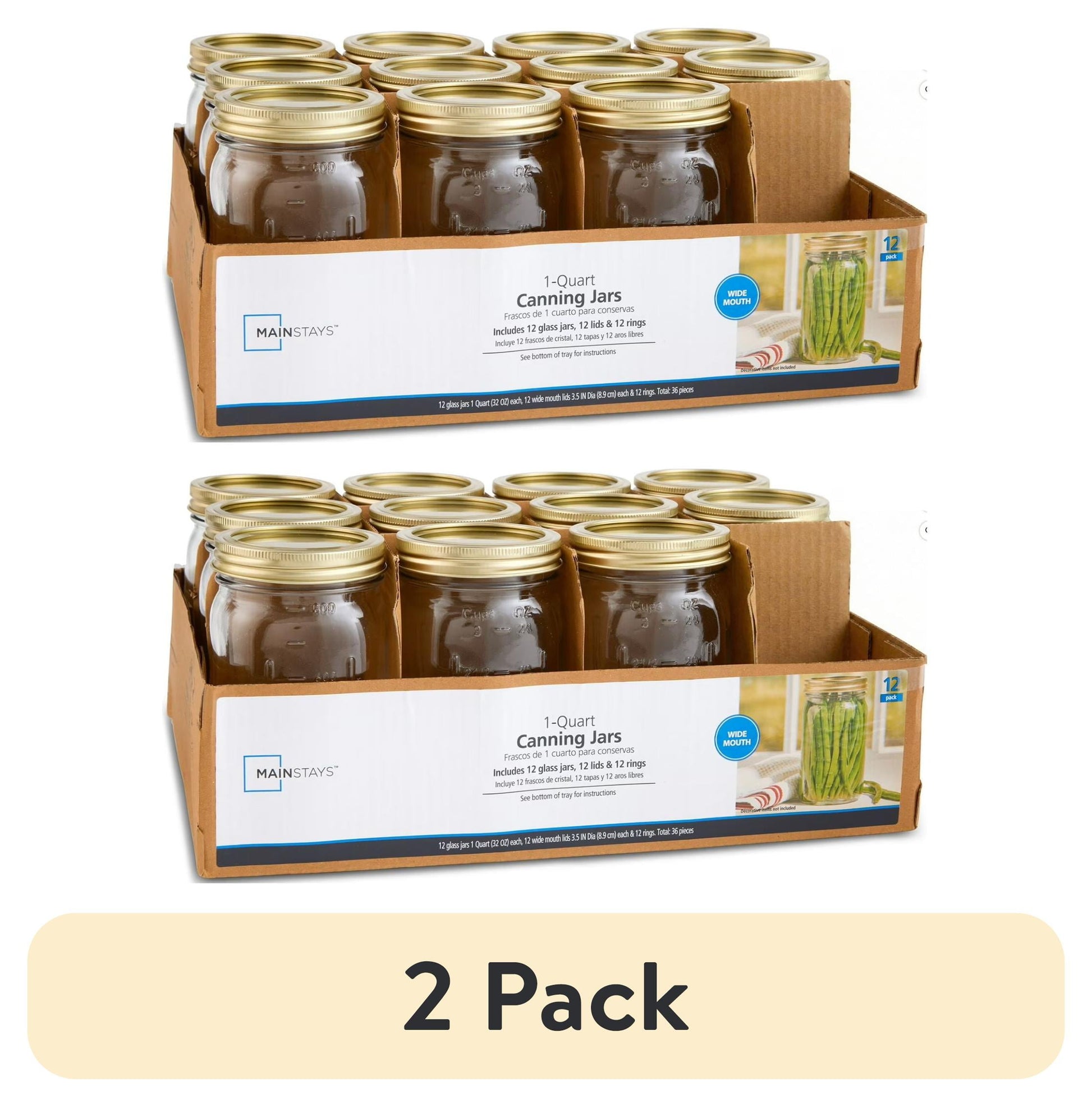 Mainstays Frascos Mason de 32 oz, Frascos de Boca Ancha de un Cuarto con Tapas y Anillos, Paquete de 12 Frascos Grandes de Vidrio para Enlatado y FermentaciÃ³n en el Hogar