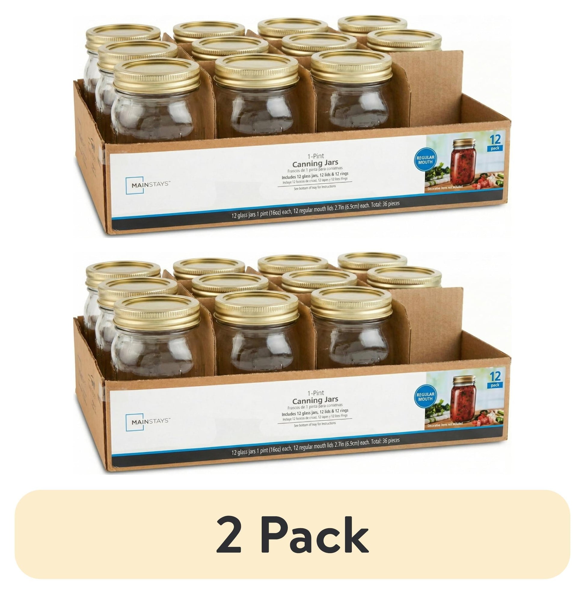 (2 pack) Mainstays 16 oz Mason Jars, Regular Mouth Pint Canning Jars with Lids and Rings, 12-Pack Glass Jars for Home Canning and Meal Prep
