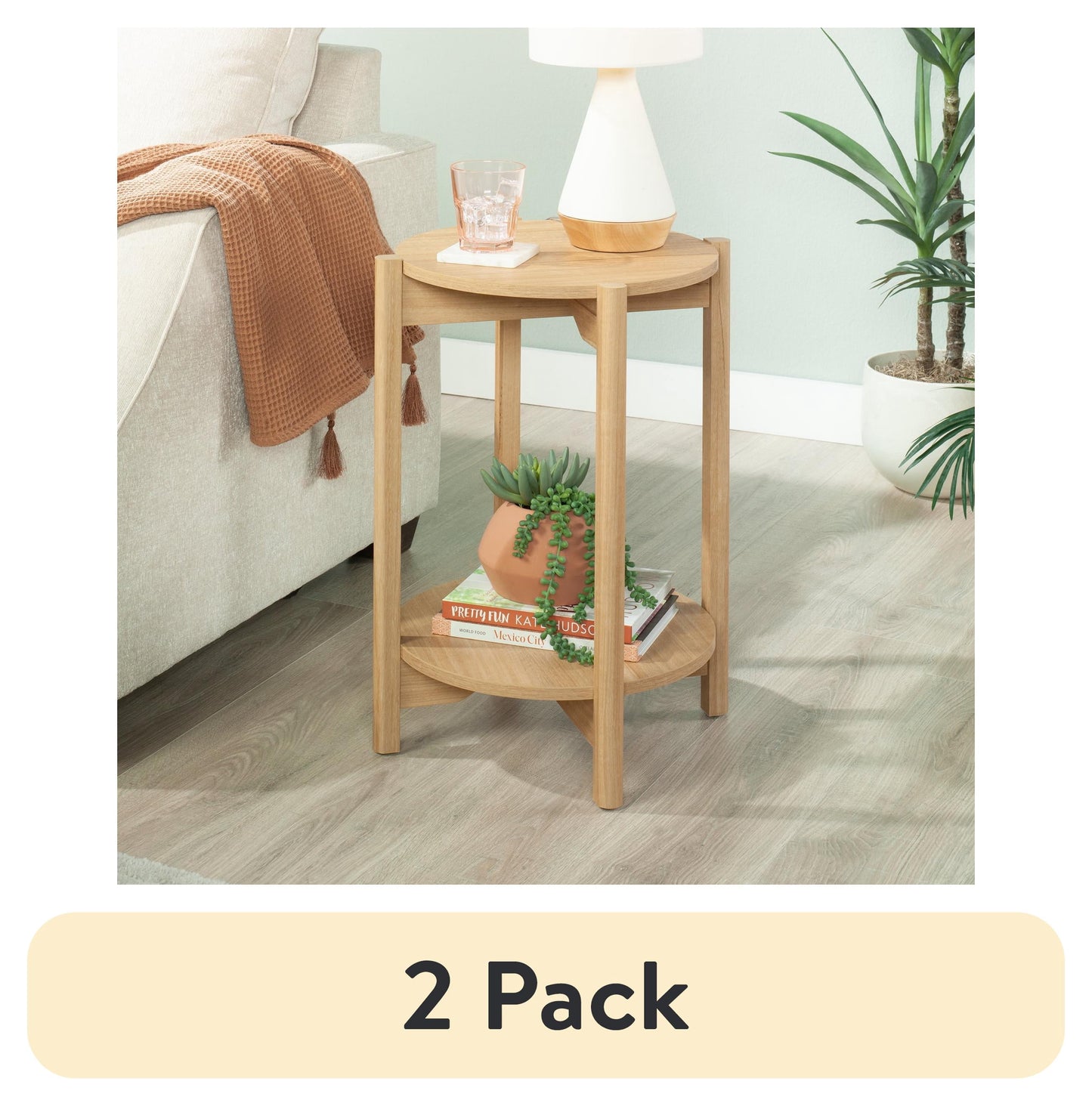 (2 pack) Mainstays Round Modern Dowel End Table, Natural Teak Finish