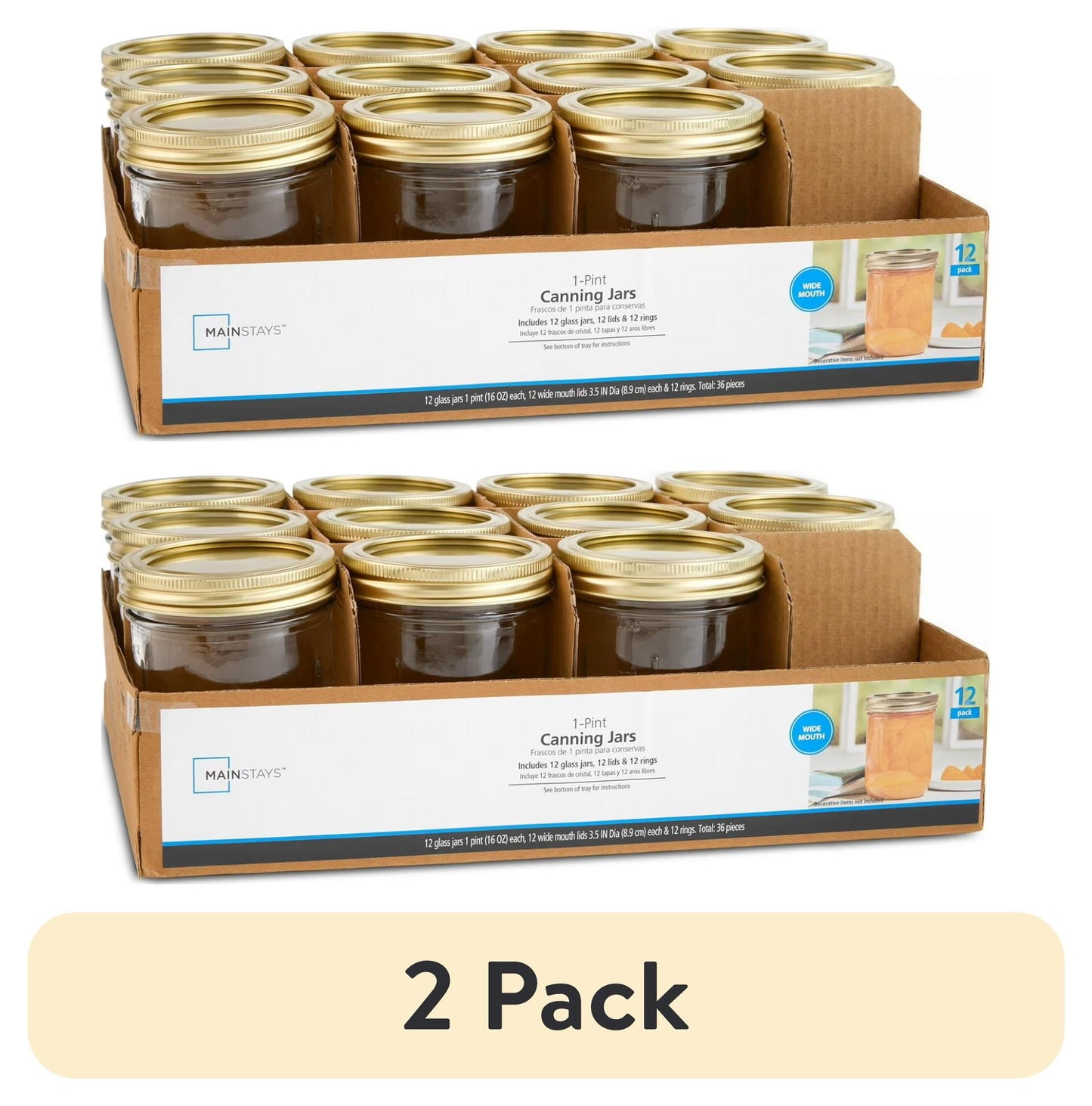 (2 pack) Mainstays 16 oz Mason Jars, Wide Mouth Pint Canning Jars with Lids and Rings, 12-Pack Glass Jars for Home Canning and Meal Prep