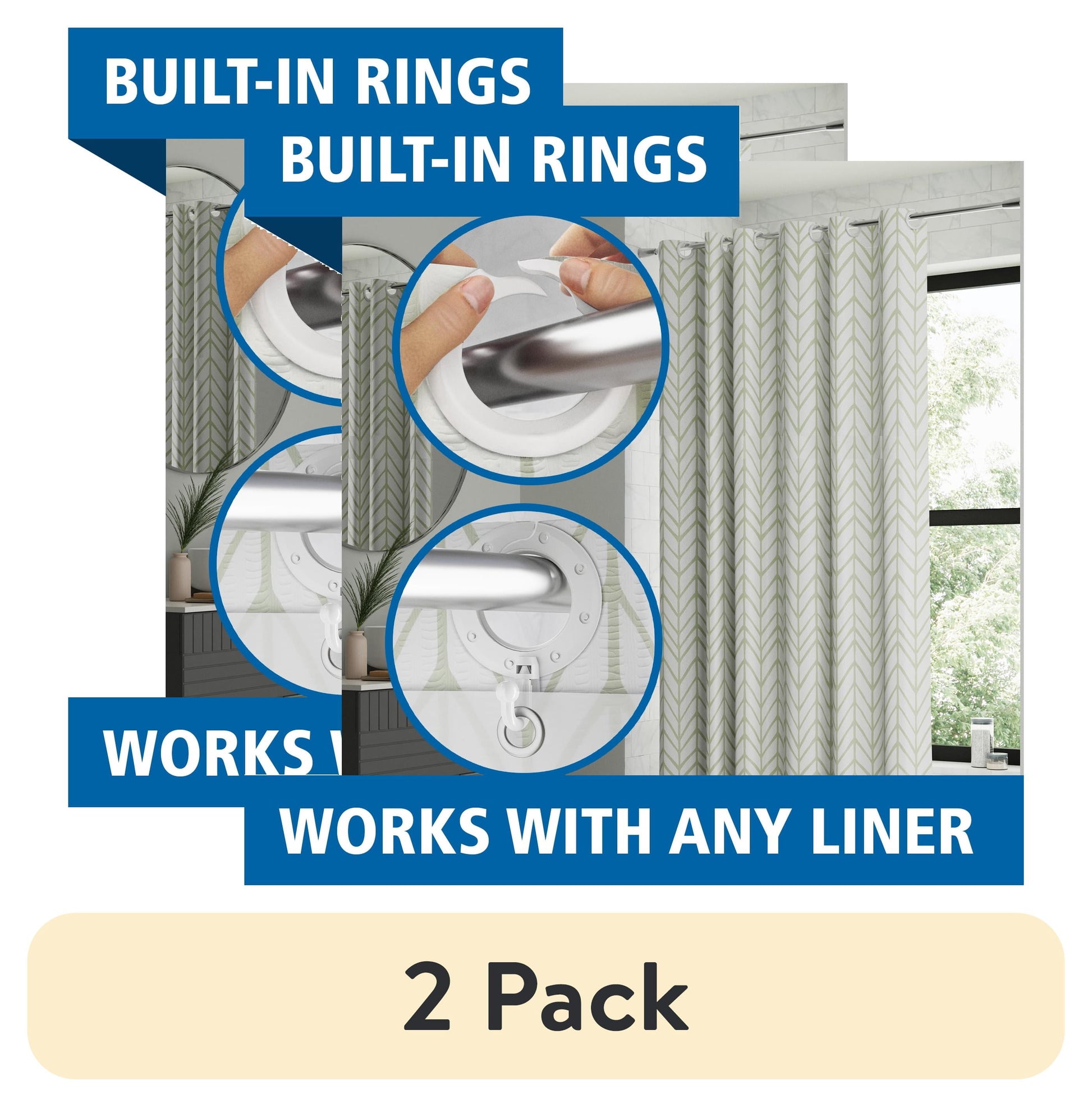 (2 pack) Mainstays Willcrest Easy Hang Hookless Fabric Shower Curtain, 70" x 74", Sage Green
