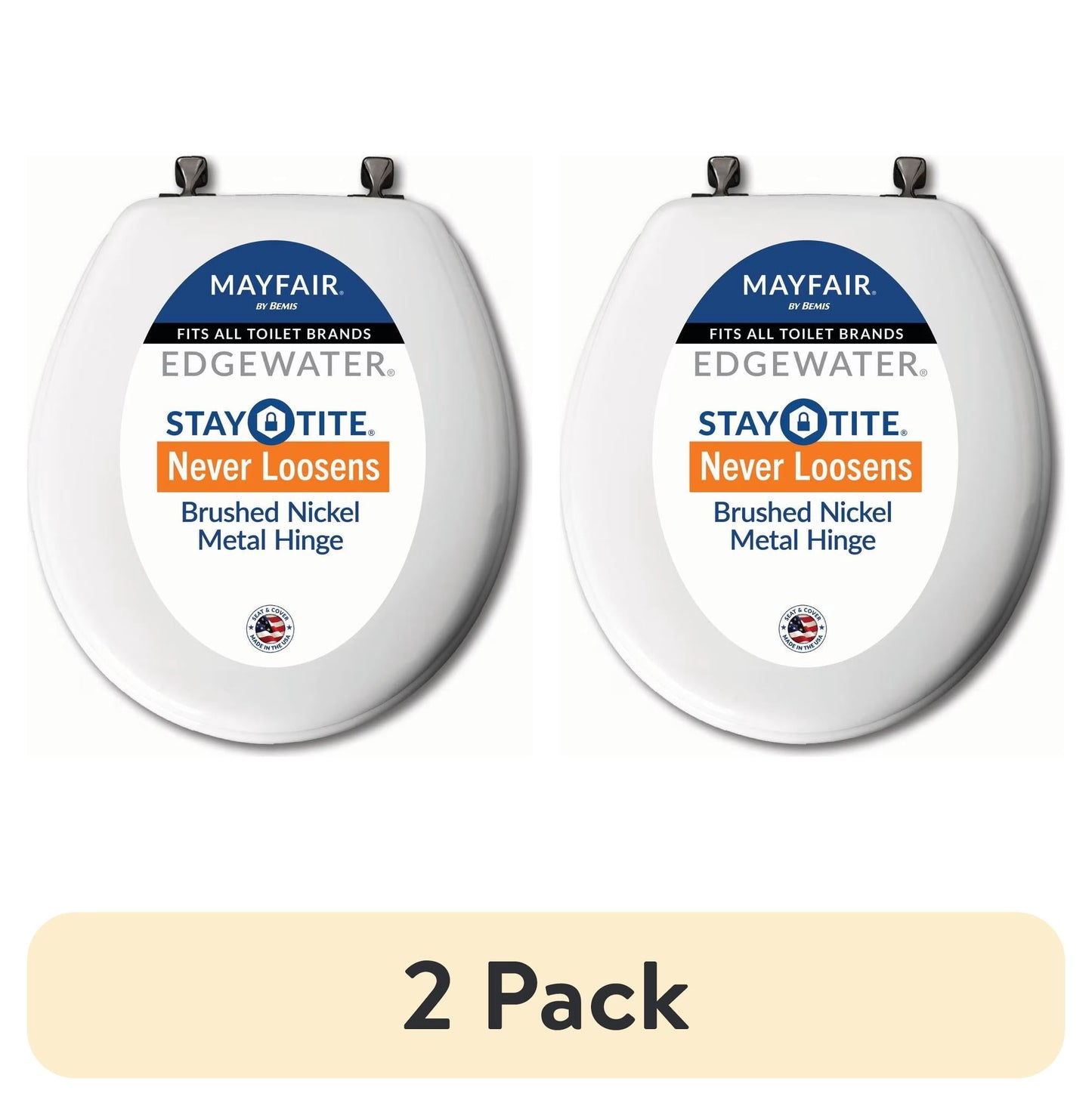 (2 pack) Mayfair EdgewaterÂ® Round Enameled Wood Toilet Seat in White Never Looosens Brushed Nickel Metal Hinge