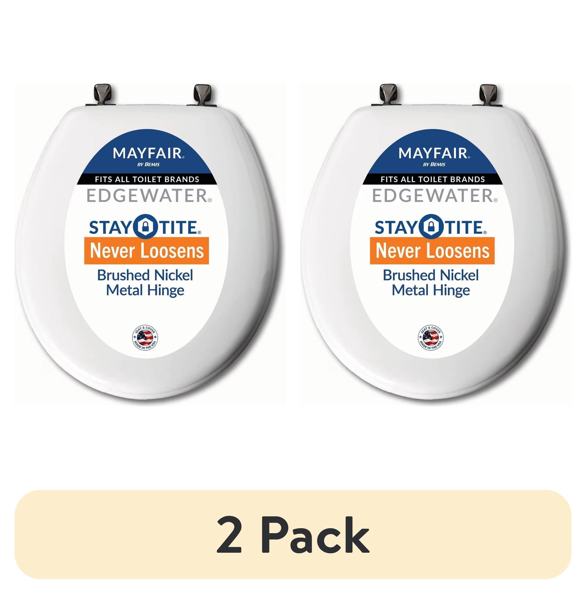 (2 pack) Mayfair EdgewaterÂ® Round Enameled Wood Toilet Seat in White Never Looosens Brushed Nickel Metal Hinge