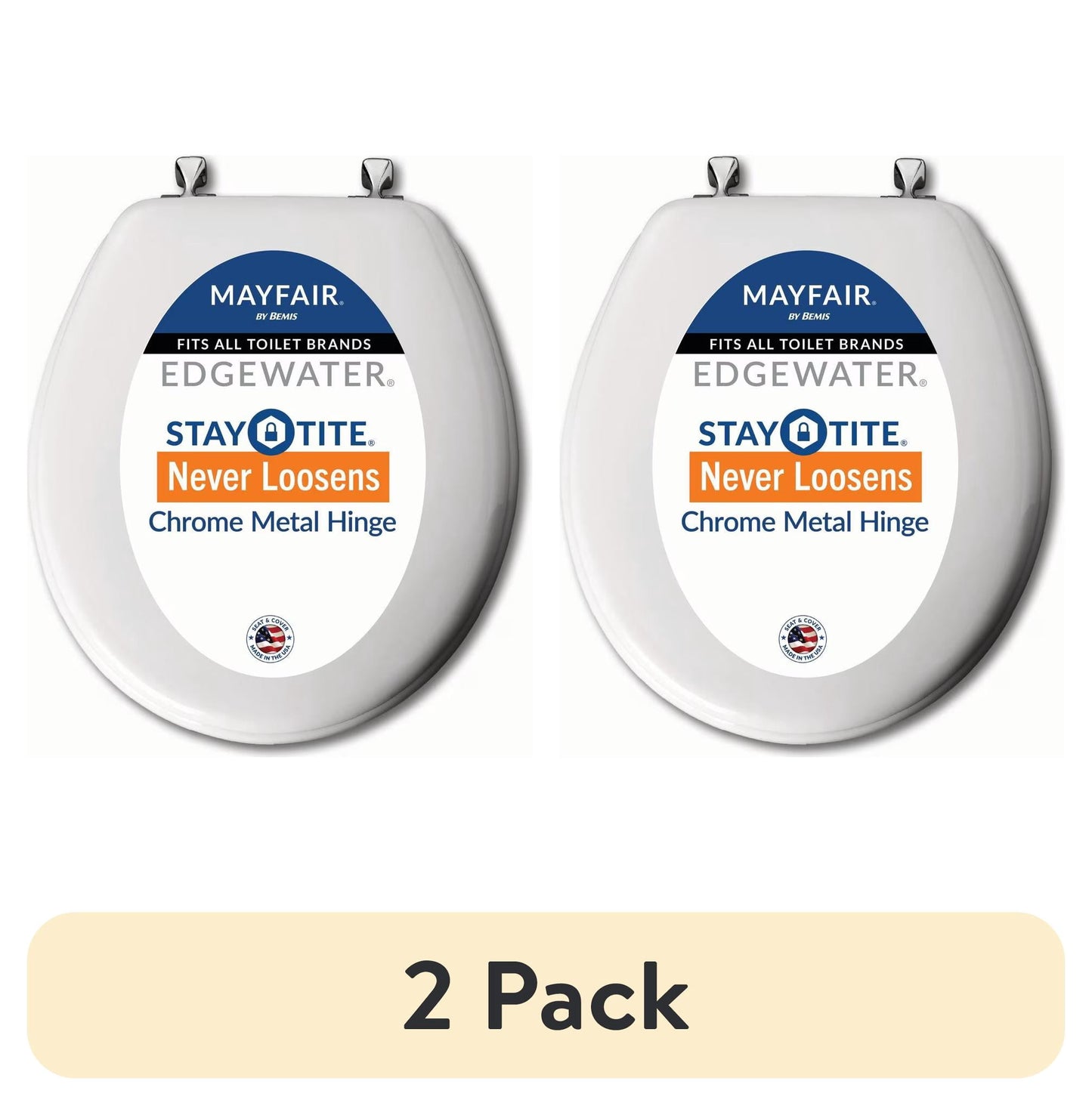 (2 pack) Mayfair EdgewaterÂ® Round Enameled Wood Toilet Seat in White Never Loosens Chrome Metal Hinge