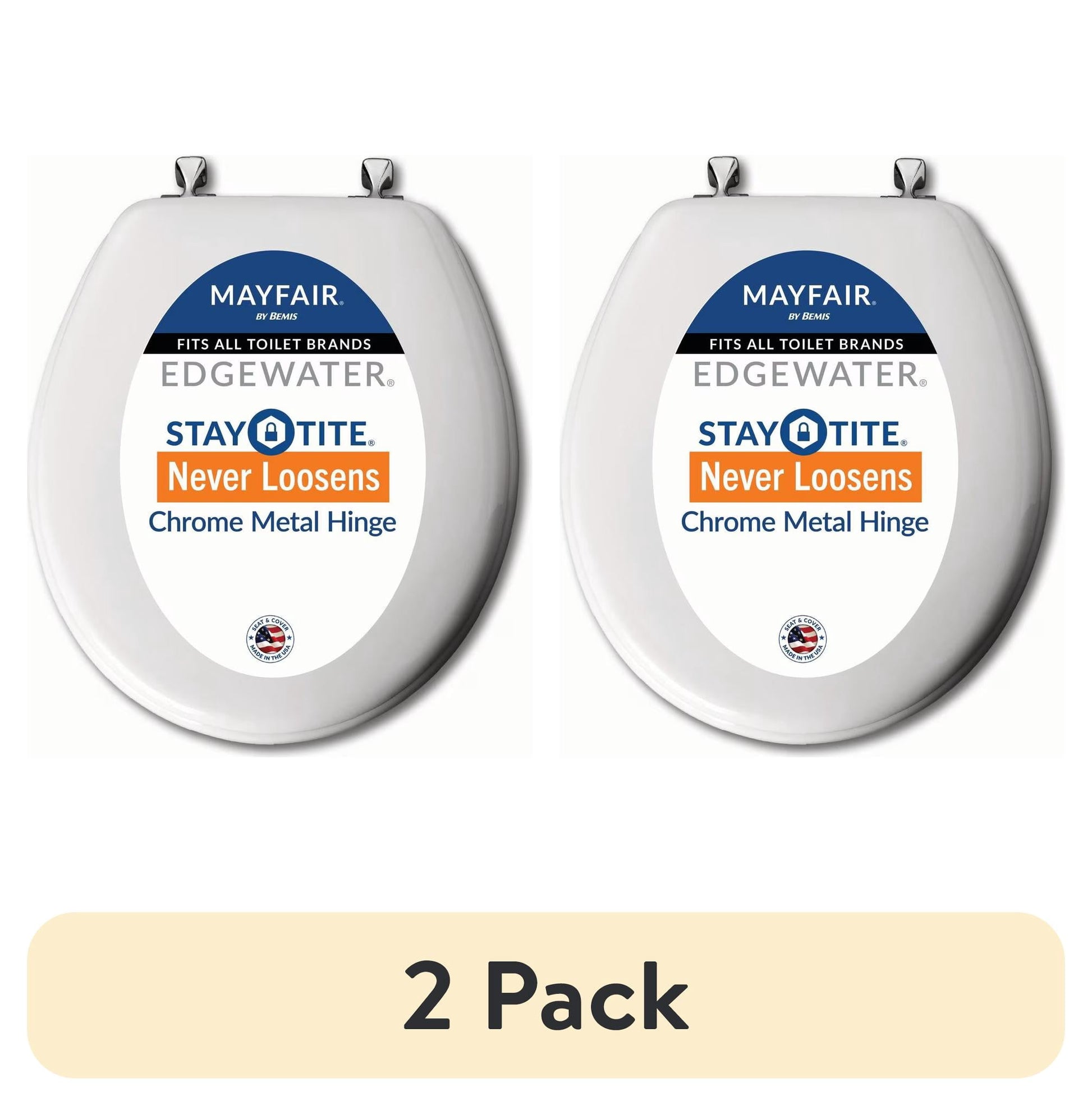 (2 pack) Mayfair EdgewaterÂ® Round Enameled Wood Toilet Seat in White Never Loosens Chrome Metal Hinge