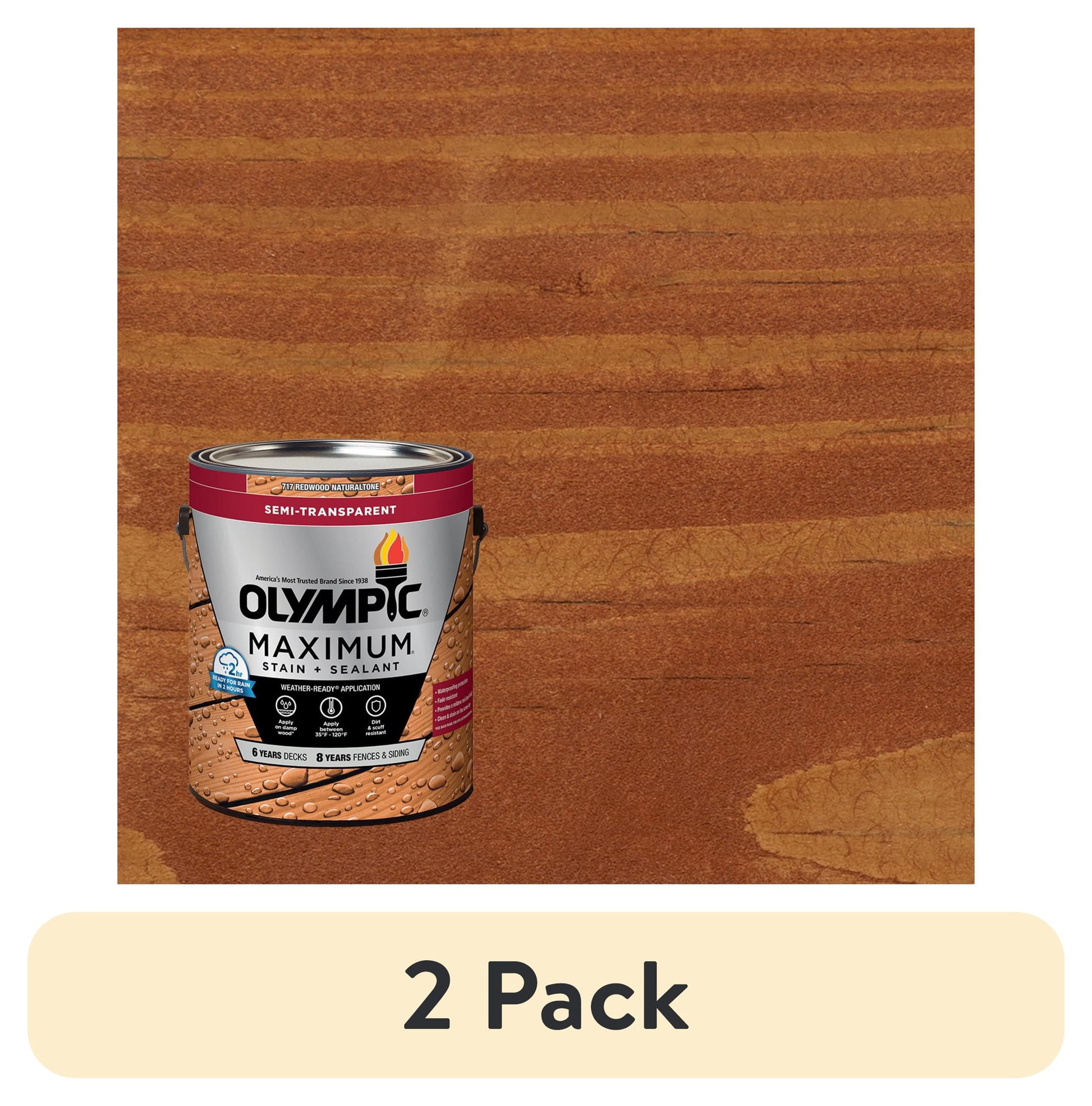 (2 pack) Olympic Maximum 1 Gallon Redwood Semi-Transparent Exterior Ready to Use Stain and Sealer in One Low VOC