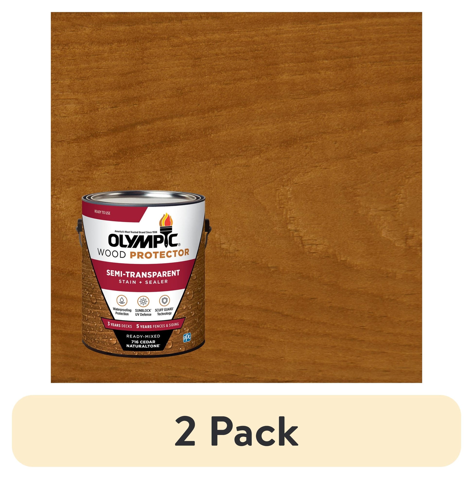 (2 pack) Olympic Wood Protector Cedar Semi-Transparent Exterior Wood Stain and Sealer, 1 Gallon