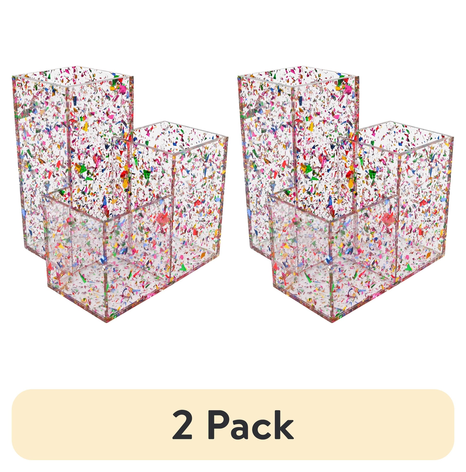 (2 pack) Packed Party On Display Pink Confetti Acrylic Brush Organizer, 4.5"L x 4.5"W x 5.25"H