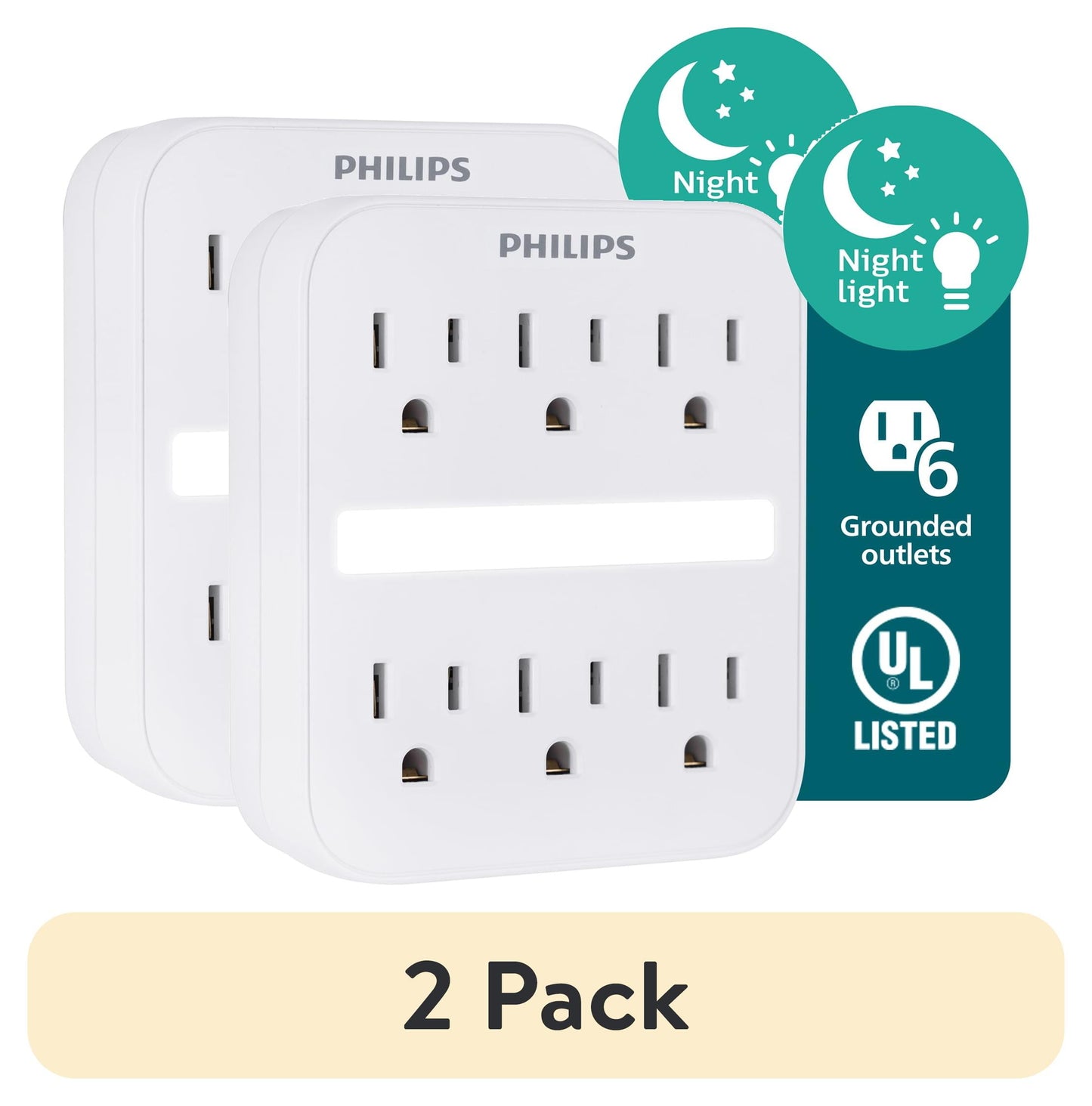(2 pack) Philips 6-Outlet Grounded Wall Tap with Night Light, 440J, 15A, White, SPP1060WA/37