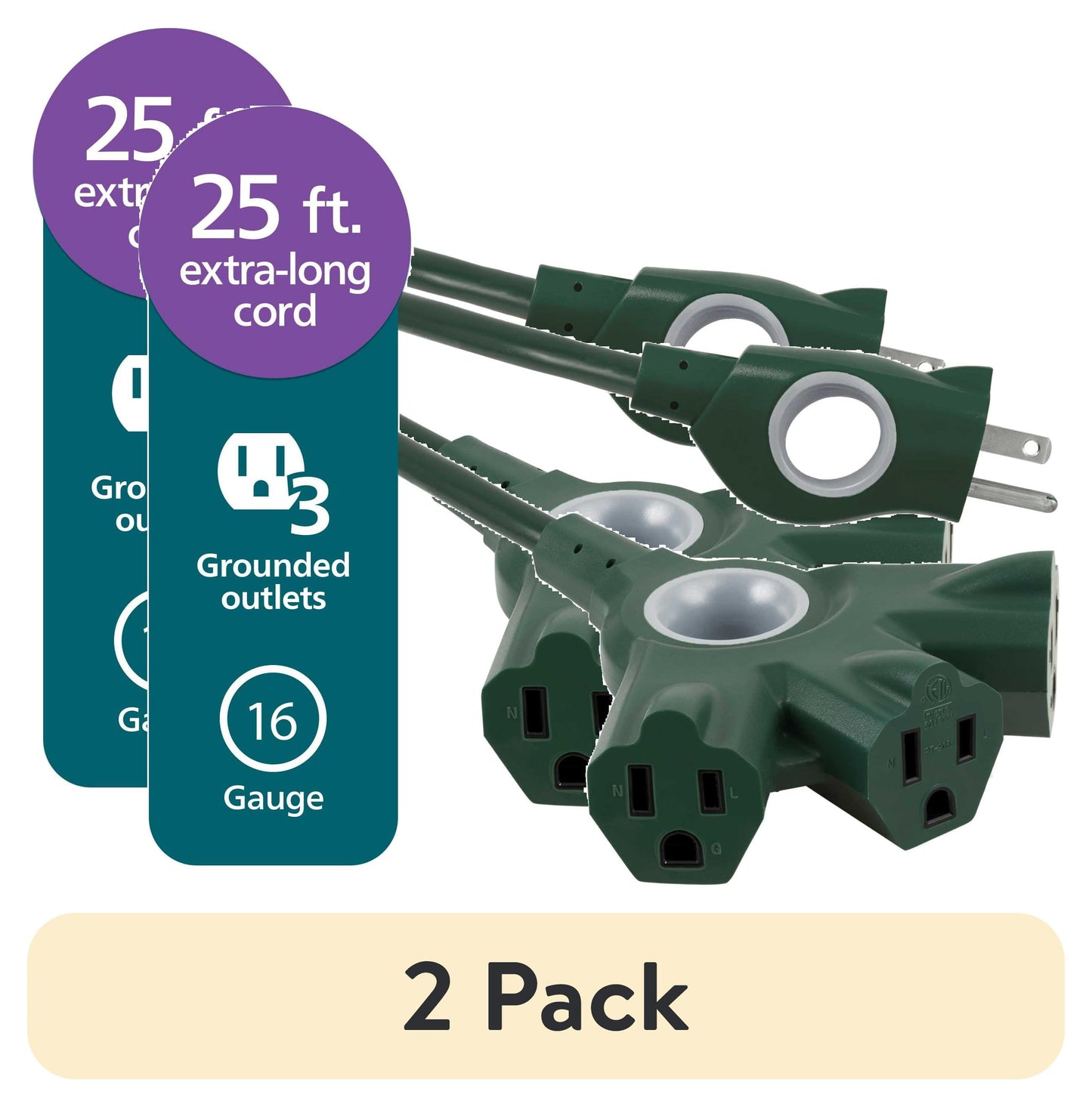 (2 pack) Philips EZGrip 25FT Green Outdoor Extension Cord 3 Prong with Multiple Outlets, 16AWG