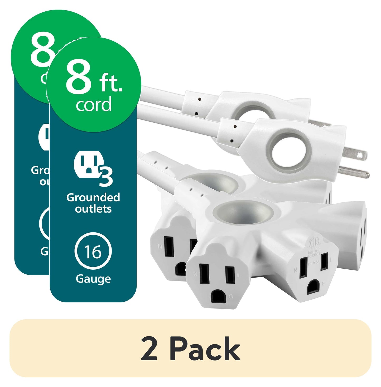 (2 pack) Philips EZGrip 8FT White Extension Cord 3 Prong with Multiple Outlets Outdoor Indoor 16AWG