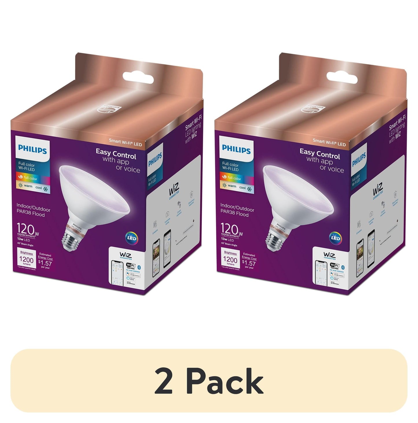 (2 pack) Philips Smart Wi-Fi Connected LED 120-Watt PAR38 Floodlight Light Bulb, Color, Dimmable, E26 Medium Base (1-Pack)