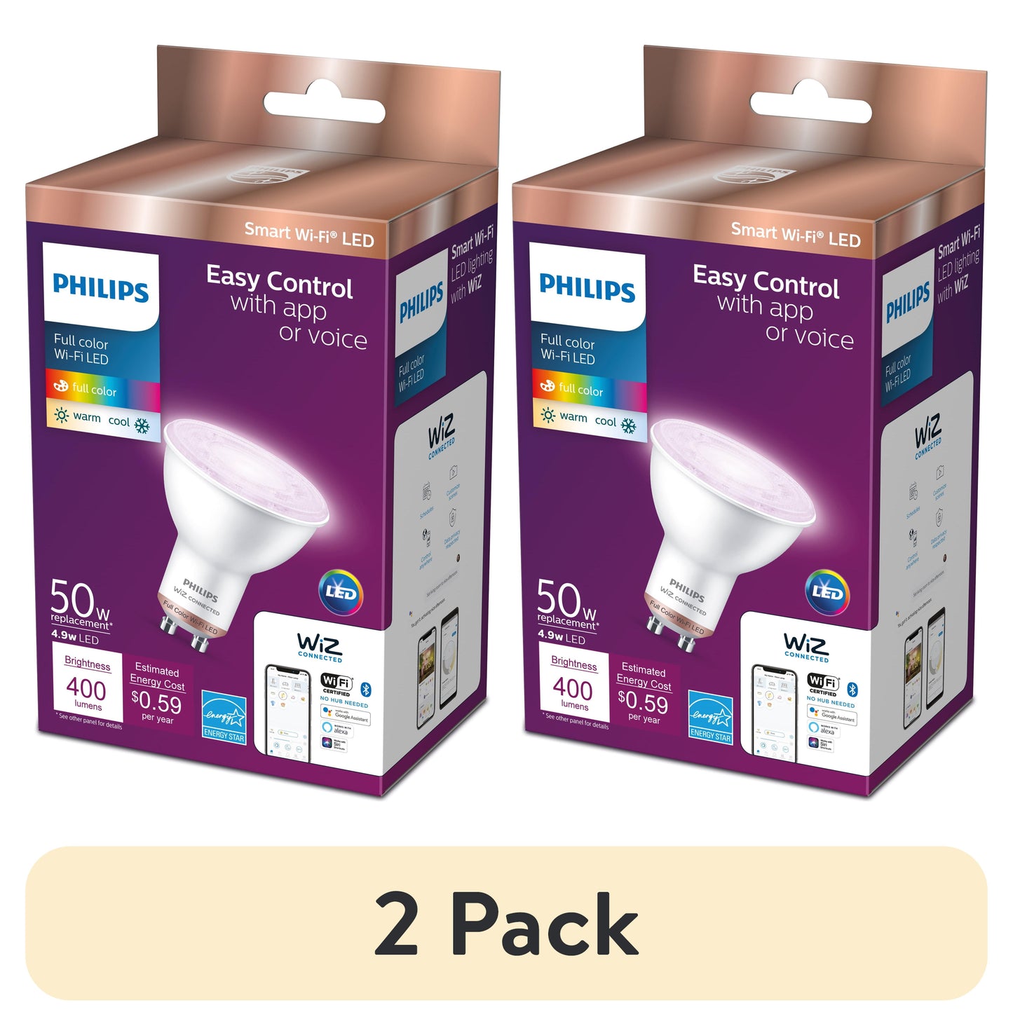 (2 pack) Philips Smart Wi-Fi Connected LED 50-Watt GU10 Light Bulb, Color, Dimmable (1-Pack)