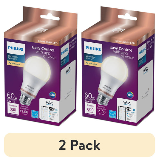 (2 pack) Philips Smart Wi-Fi Connected LED 60-Watt A19 Light Bulb, Frosted Soft White, Dimmable, E26 Base (1-Pack)