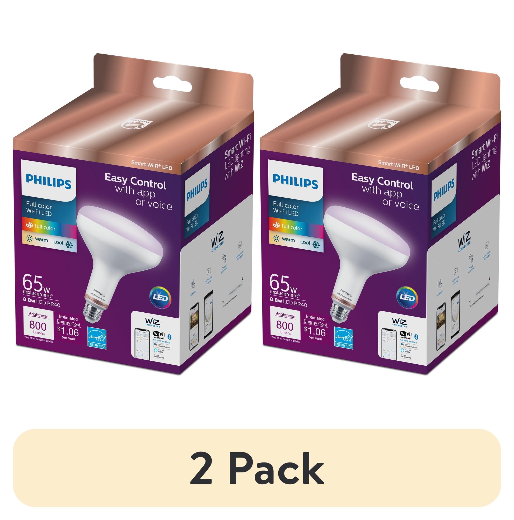 (2 pack) Philips Smart Wi-Fi Connected LED 65-Watt BR40 Flood Light Bulb, Frosted Color, Dimmable, 110Âº Beam Angle, E26 Medium Base (1-Pack)